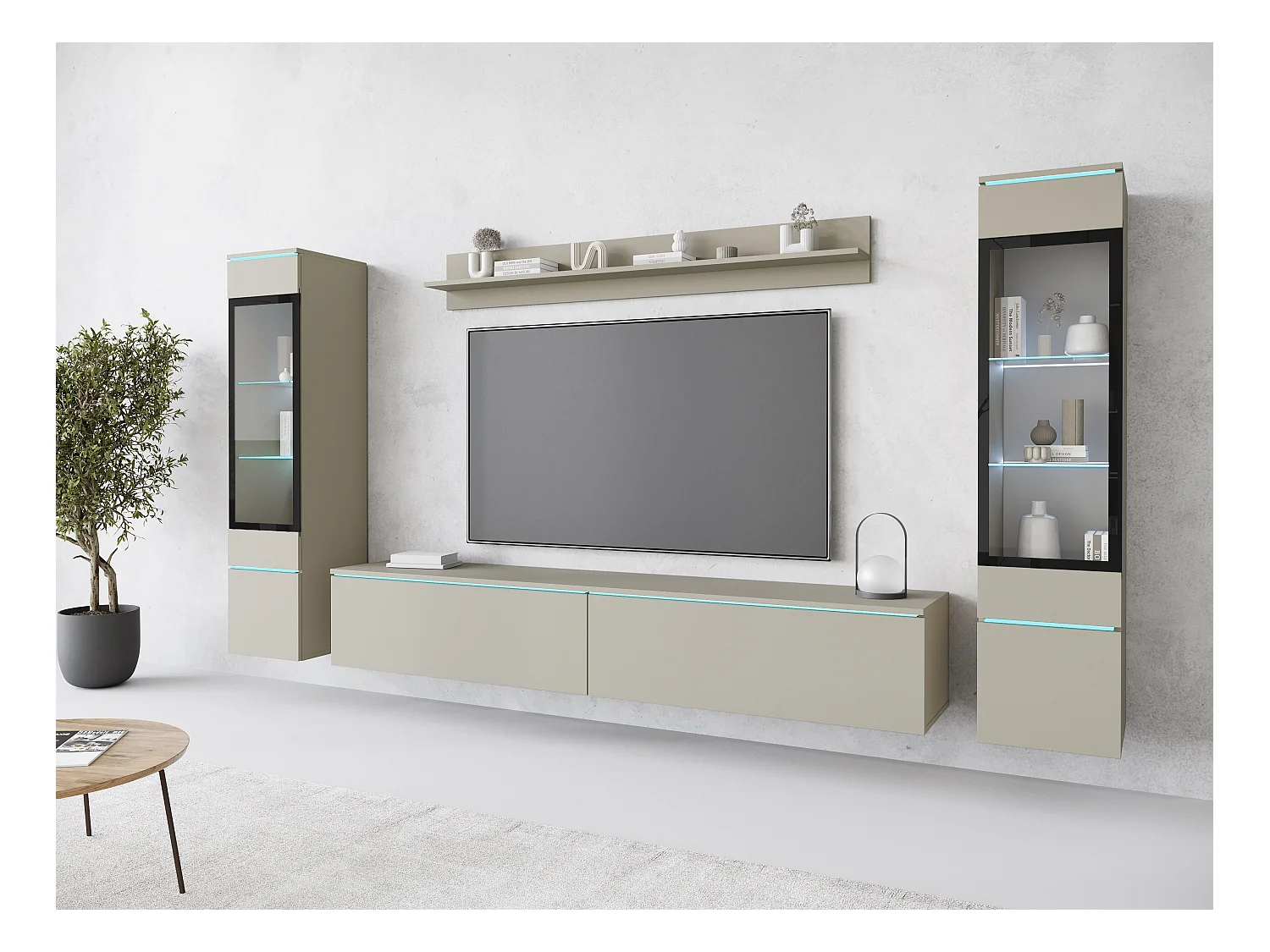 Ensemble de meubles pour salon avec LED 4 éléments – meuble TV 180 cm, 2 vitrines et étagère, composition murale debout ou suspendue, beige cachemire