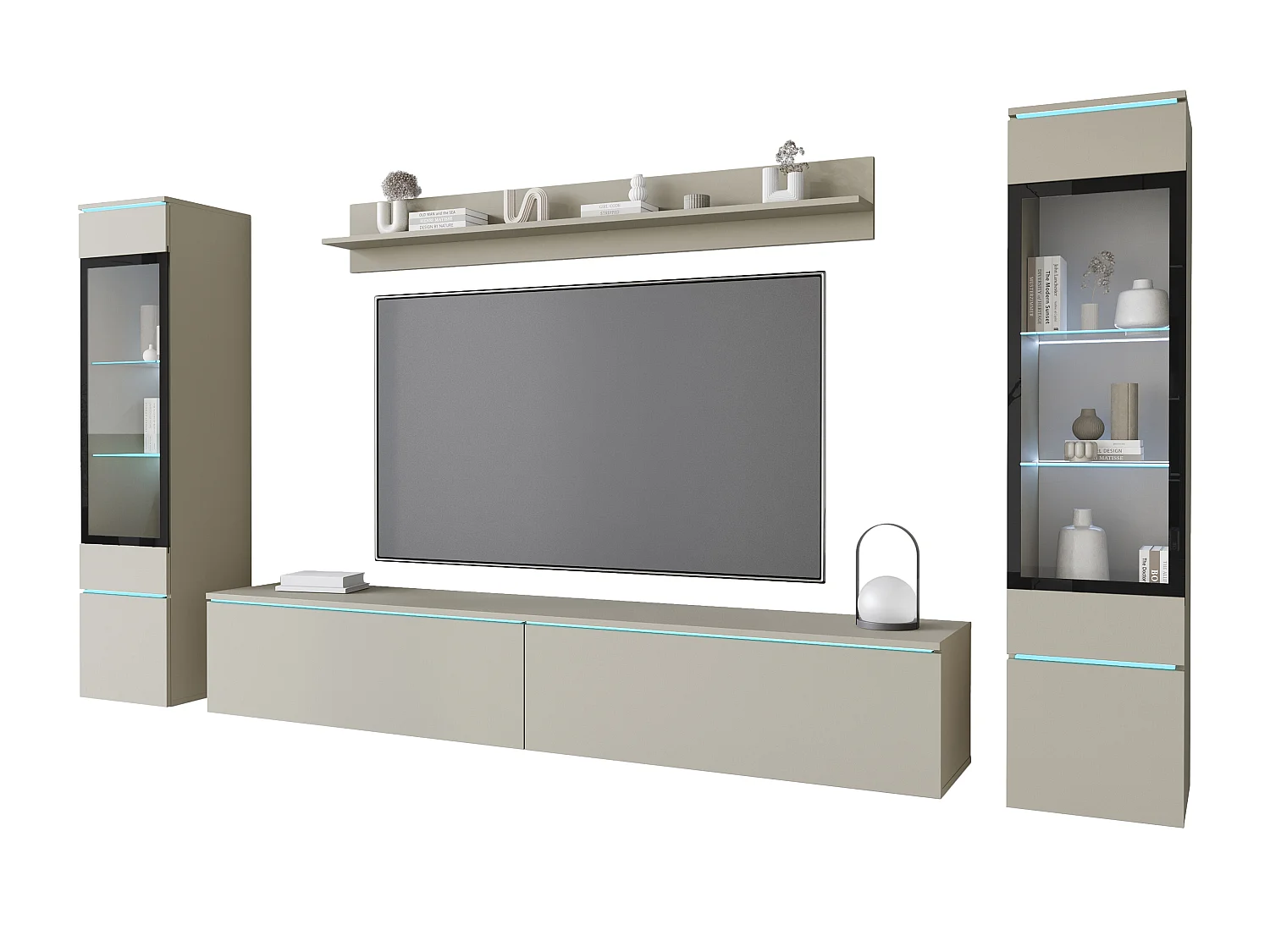 Ensemble de meubles pour salon avec LED 4 éléments – meuble TV 180 cm, 2 vitrines et étagère, composition murale debout ou suspendue, beige cachemire