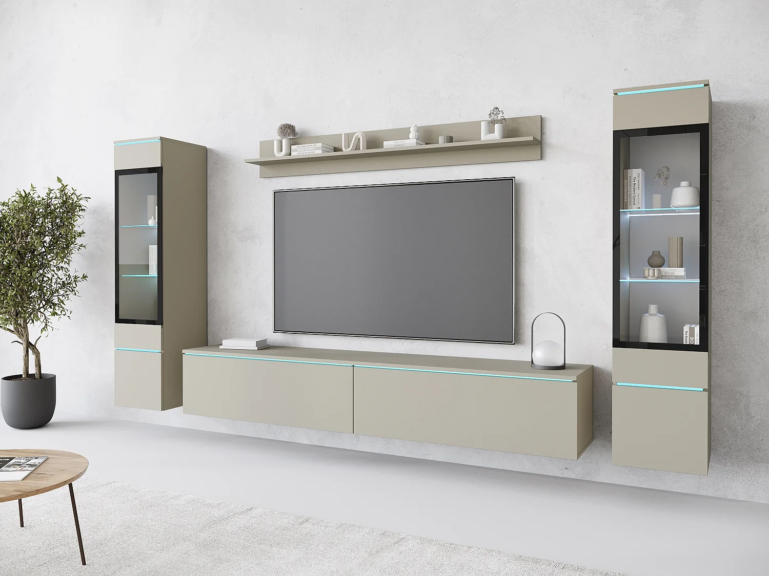 Ensemble de meubles pour salon avec LED 4 éléments – meuble TV 180 cm, 2 vitrines et étagère, composition murale debout ou suspendue, beige cachemire