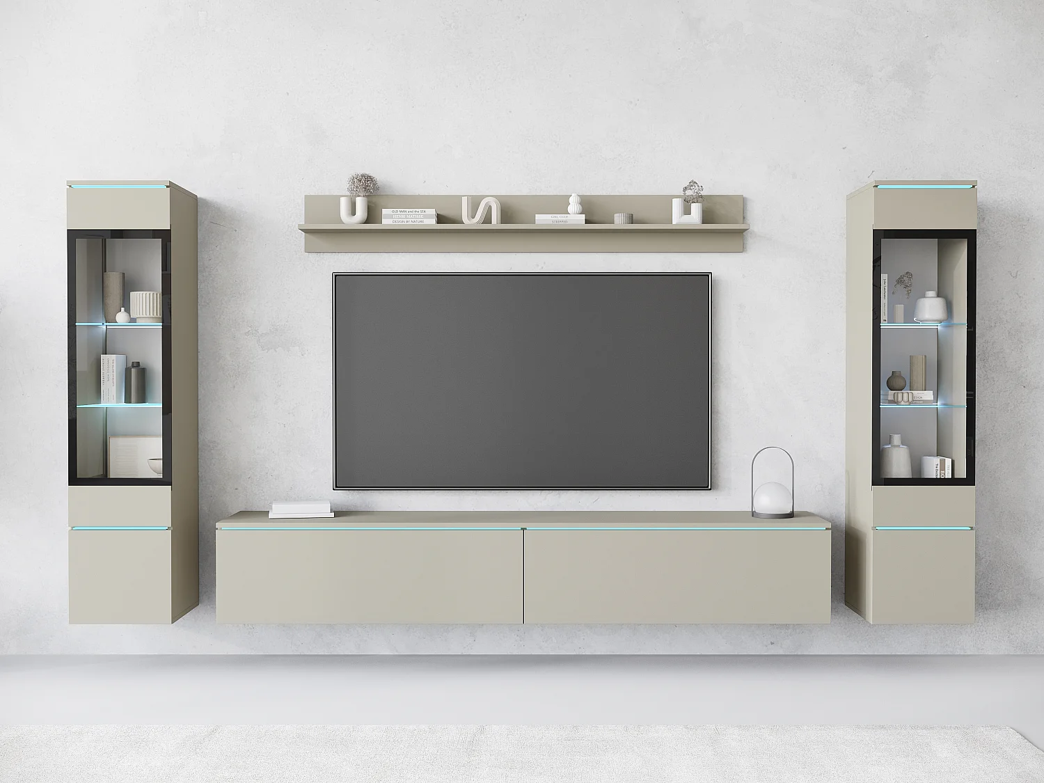Ensemble de meubles pour salon avec LED 4 éléments – meuble TV 180 cm, 2 vitrines et étagère, composition murale debout ou suspendue, beige cachemire