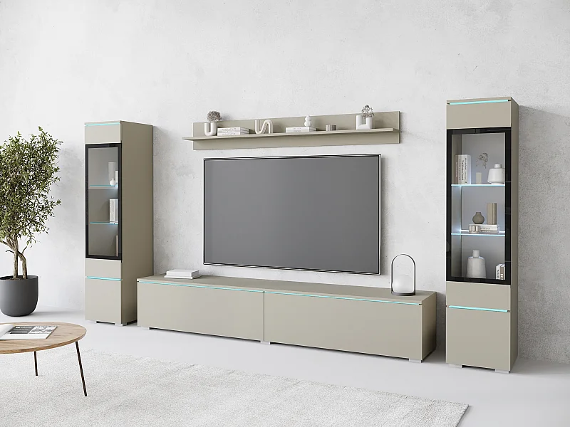 Ensemble de meubles pour salon avec LED 4 éléments – meuble TV 180 cm, 2 vitrines et étagère, composition murale debout ou suspendue, beige cachemire