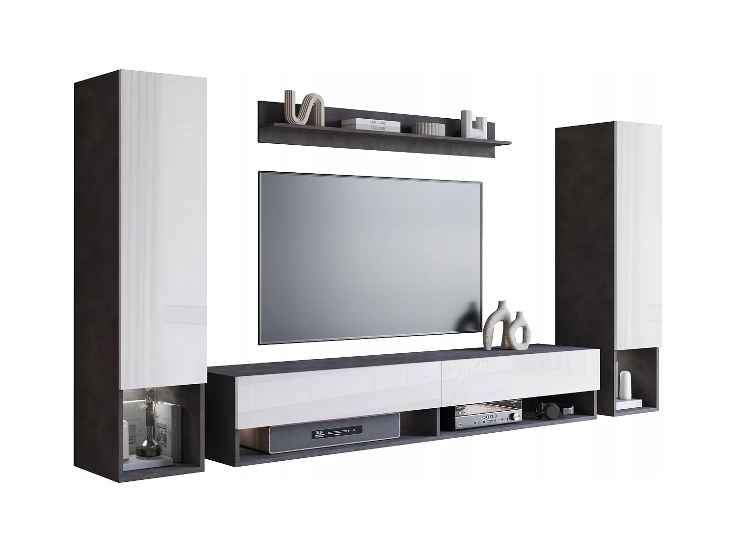 Mur TV moderne avec LED – ensemble mural suspendu pour salon 2 colonnes + meuble TV 180 cm + étagère, corps anthracite, façades blanc brillant