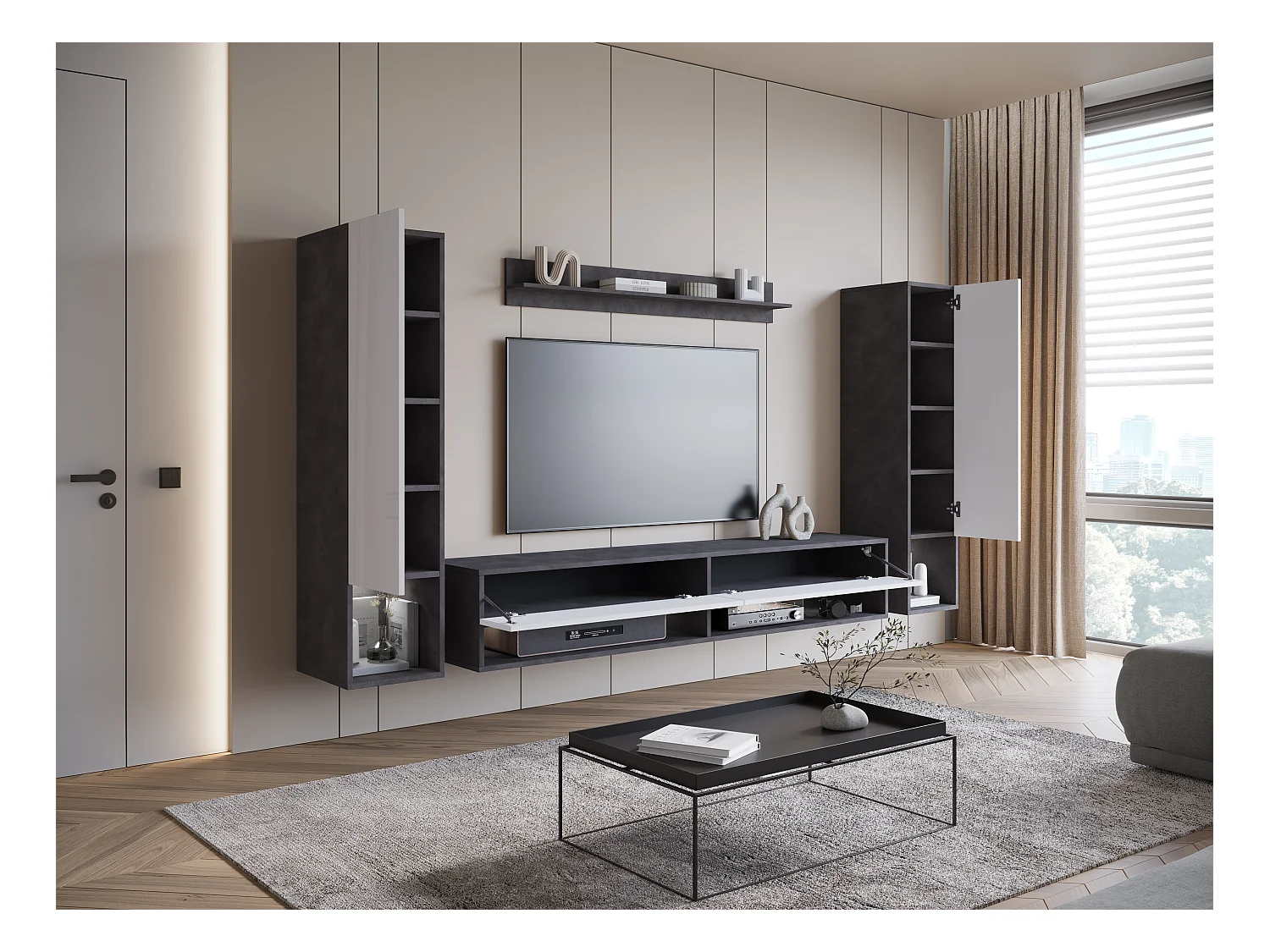 Mur TV moderne avec LED – ensemble mural suspendu pour salon 2 colonnes + meuble TV 180 cm + étagère, corps anthracite, façades blanc brillant