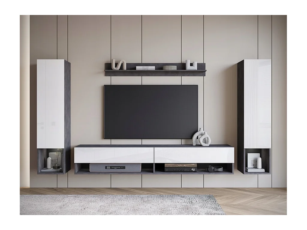Mur TV moderne avec LED – ensemble mural suspendu pour salon 2 colonnes + meuble TV 180 cm + étagère, corps anthracite, façades blanc brillant