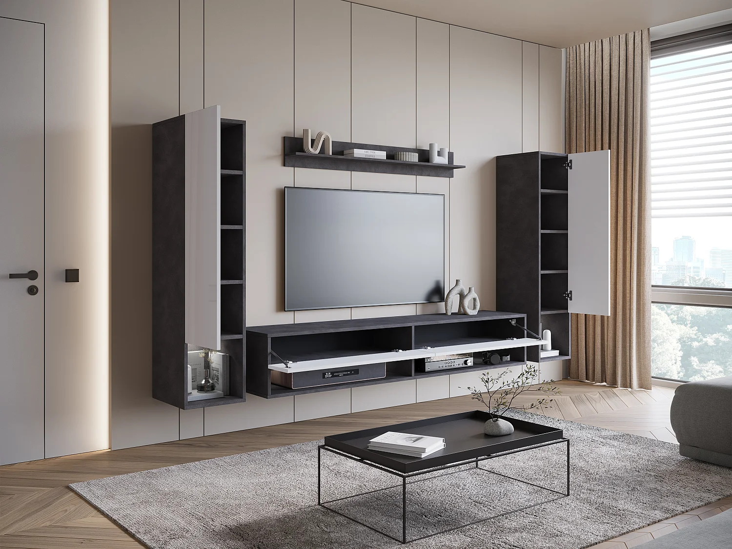 Mur TV moderne avec LED – ensemble mural suspendu pour salon 2 colonnes + meuble TV 180 cm + étagère, corps anthracite, façades blanc brillant