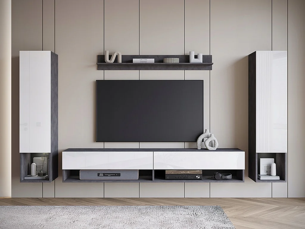 Mur TV moderne avec LED – ensemble mural suspendu pour salon 2 colonnes + meuble TV 180 cm + étagère, corps anthracite, façades blanc brillant
