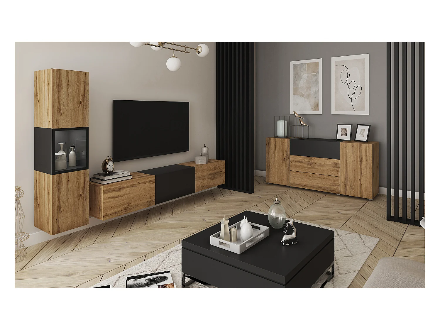 Mur TV de salon avec éclairage, ensemble suspendu et posé 2 éléments avec meuble TV 180 cm et vitrine, corps chêne wotan, insert noir mat