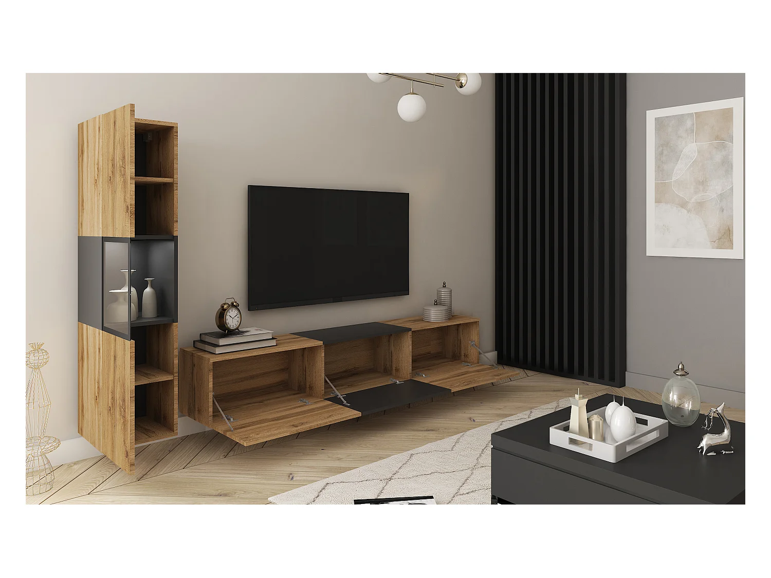 Mur TV de salon avec éclairage, ensemble suspendu et posé 2 éléments avec meuble TV 180 cm et vitrine, corps chêne wotan, insert noir mat