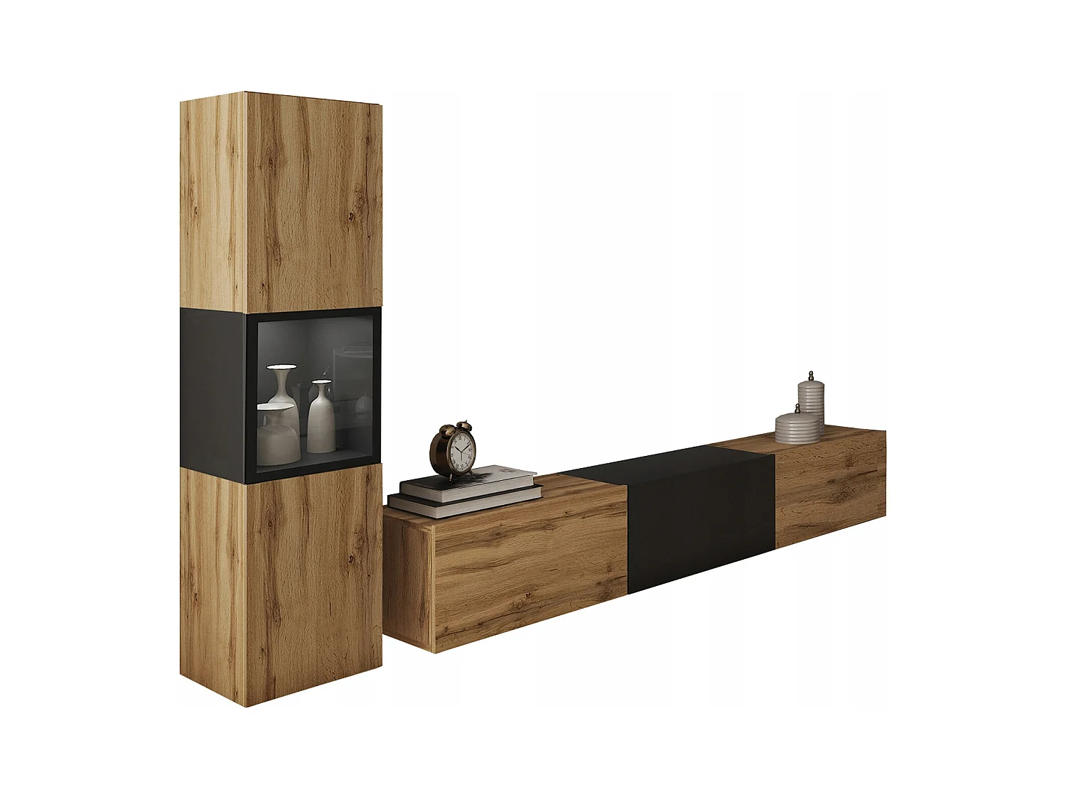 Mur TV de salon avec éclairage, ensemble suspendu et posé 2 éléments avec meuble TV 180 cm et vitrine, corps chêne wotan, insert noir mat
