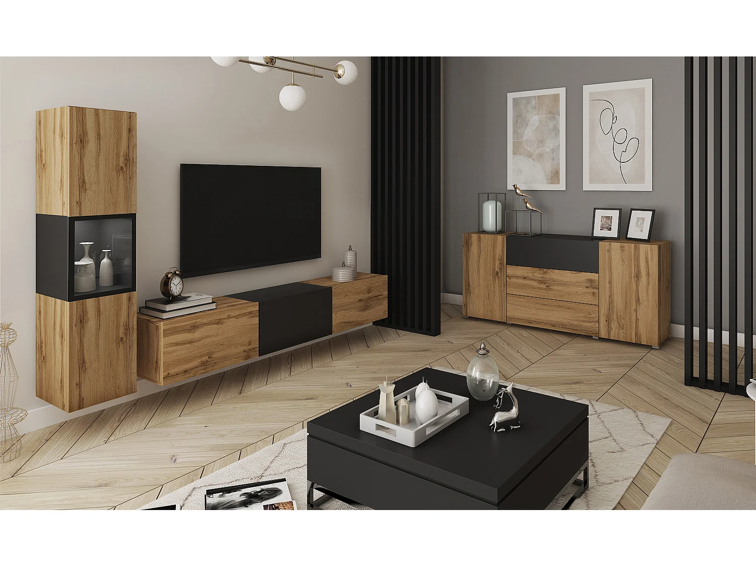 Mur TV de salon avec éclairage, ensemble suspendu et posé 2 éléments avec meuble TV 180 cm et vitrine, corps chêne wotan, insert noir mat