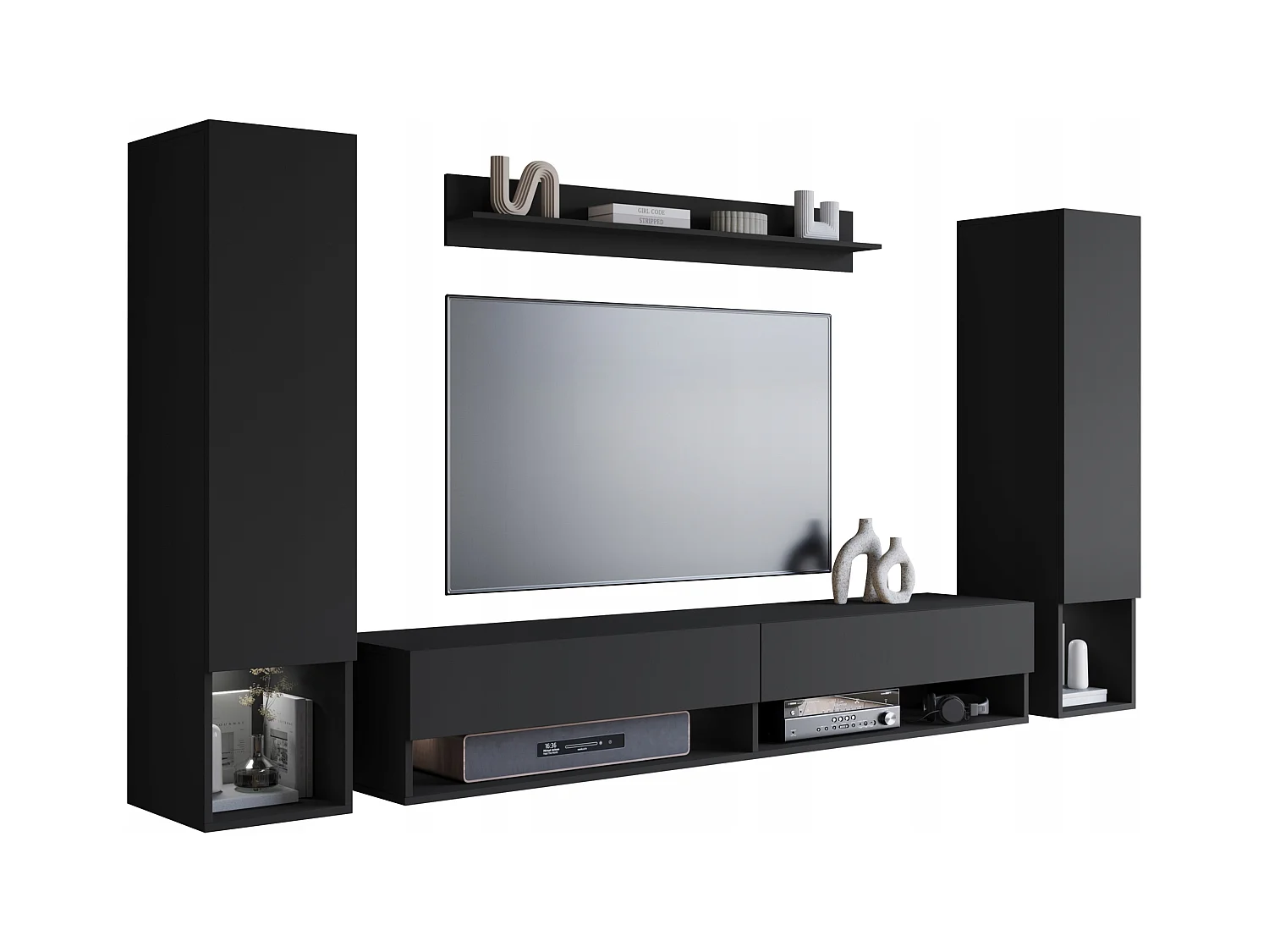 Mur TV moderne avec LED – ensemble mural suspendu pour salon 2 colonnes + meuble TV 180 cm + étagère, noir mat