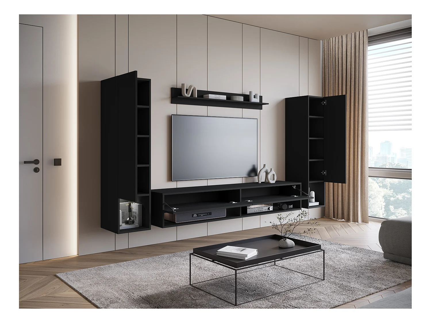 Mur TV moderne avec LED – ensemble mural suspendu pour salon 2 colonnes + meuble TV 180 cm + étagère, noir mat