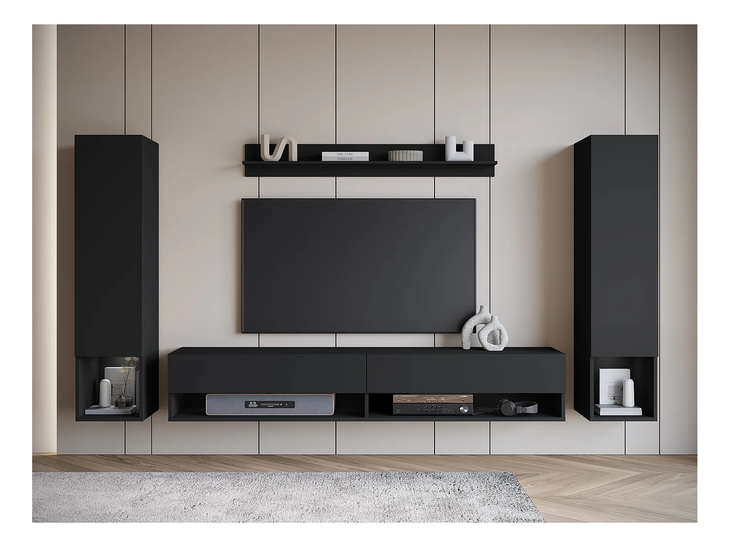 Mur TV moderne avec LED – ensemble mural suspendu pour salon 2 colonnes + meuble TV 180 cm + étagère, noir mat