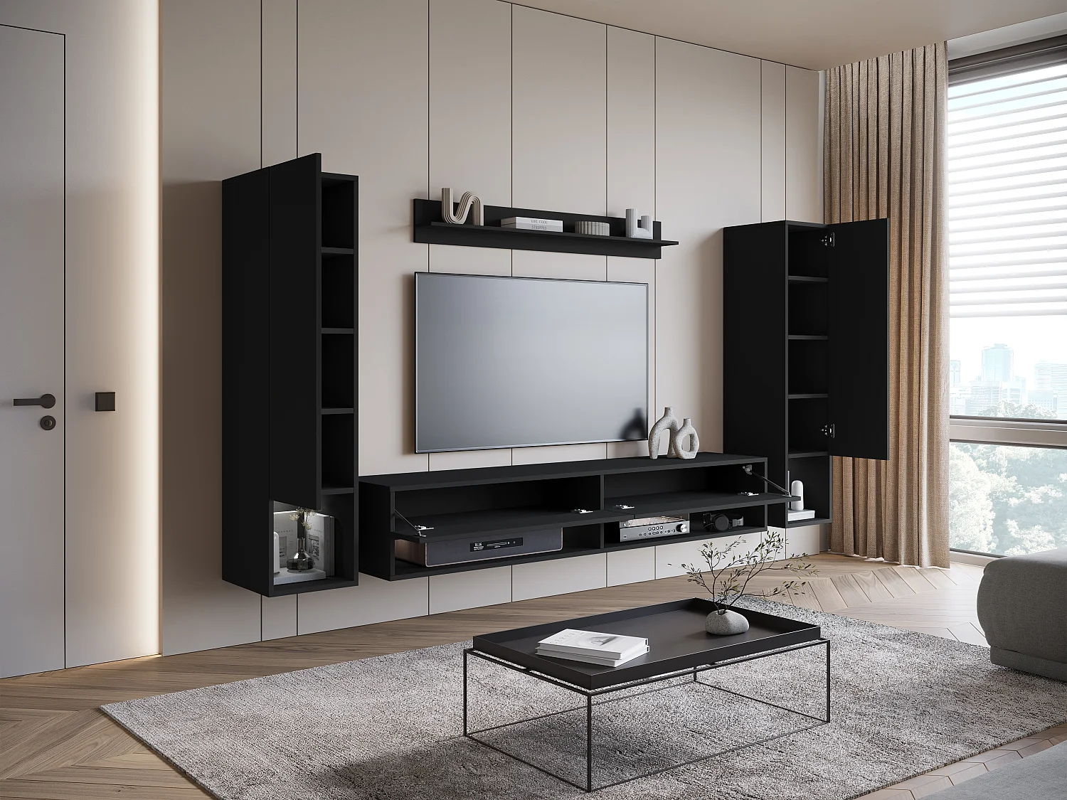 Mur TV moderne avec LED – ensemble mural suspendu pour salon 2 colonnes + meuble TV 180 cm + étagère, noir mat