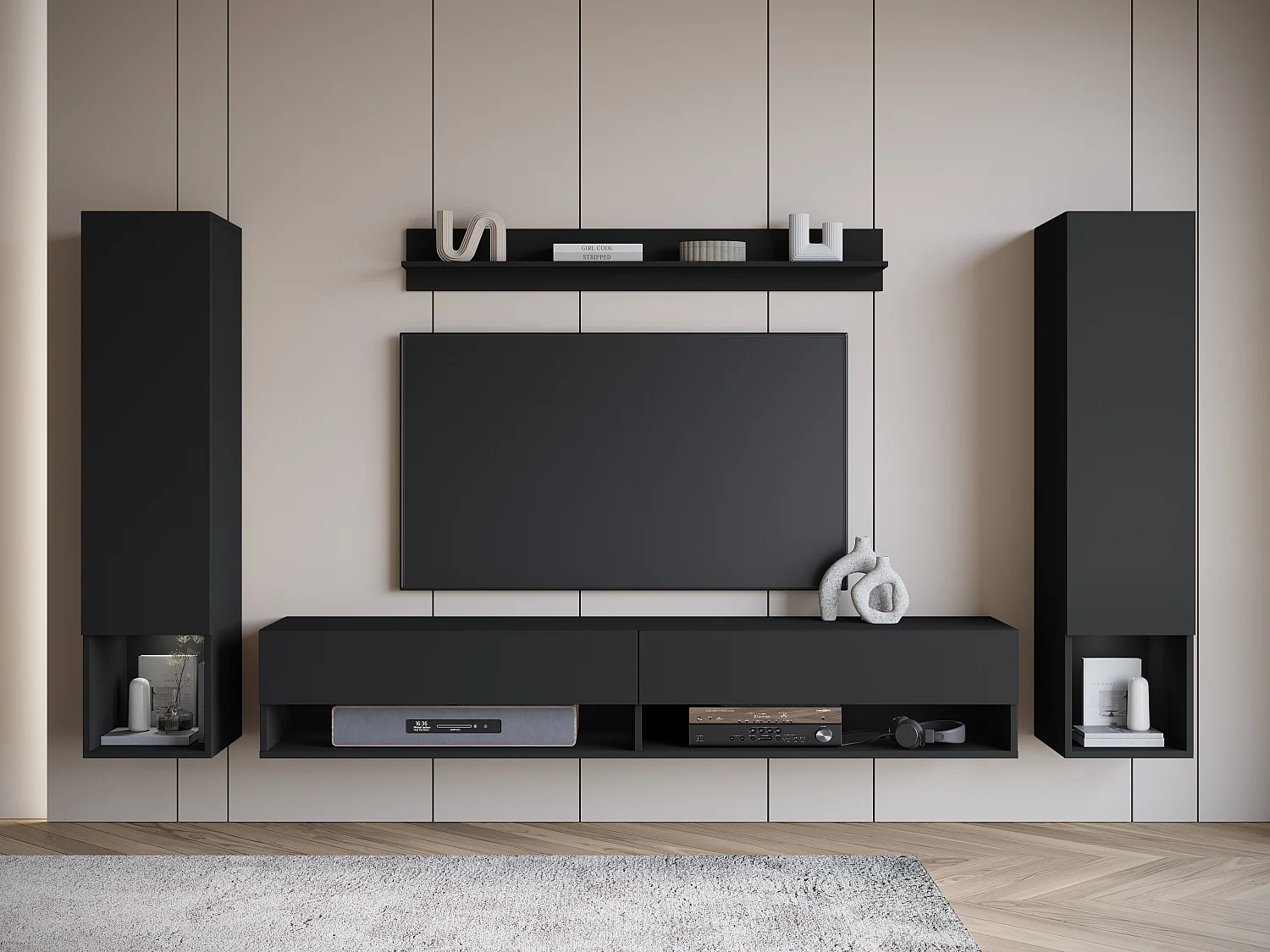 Mur TV moderne avec LED – ensemble mural suspendu pour salon 2 colonnes + meuble TV 180 cm + étagère, noir mat