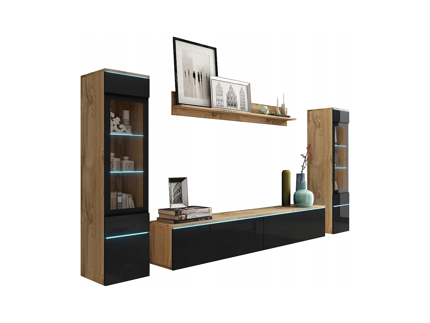 Ensemble de salon avec LED 4 éléments – meuble TV 180 cm, 2 vitrines et étagère, à poser ou suspendu, corps chêne Wotan, façades noir brillant