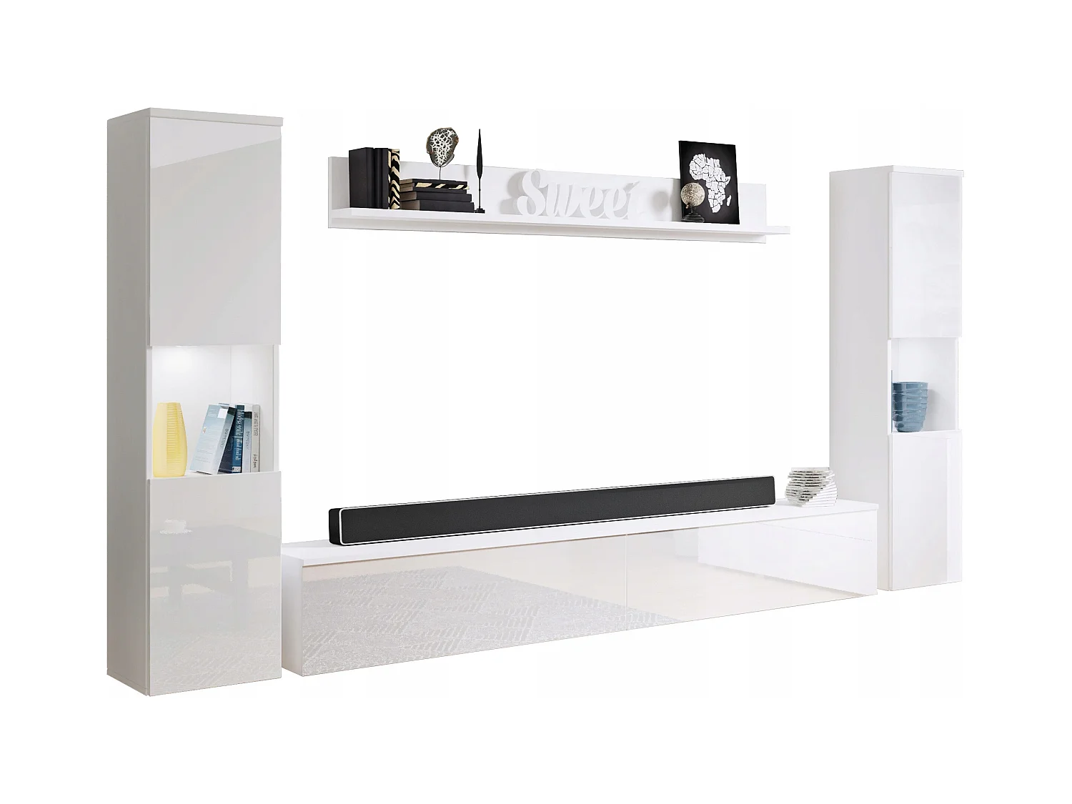 Mueble de salón moderno 4 piezas con LED, 2 columnas, mueble TV 180 cm y estante, cuerpo blanco mate, frentes blanco brillo