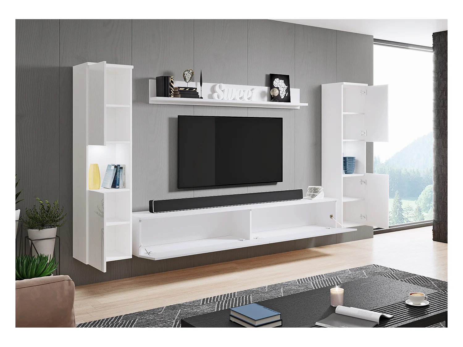 Mueble de salón moderno 4 piezas con LED, 2 columnas, mueble TV 180 cm y estante, cuerpo blanco mate, frentes blanco brillo
