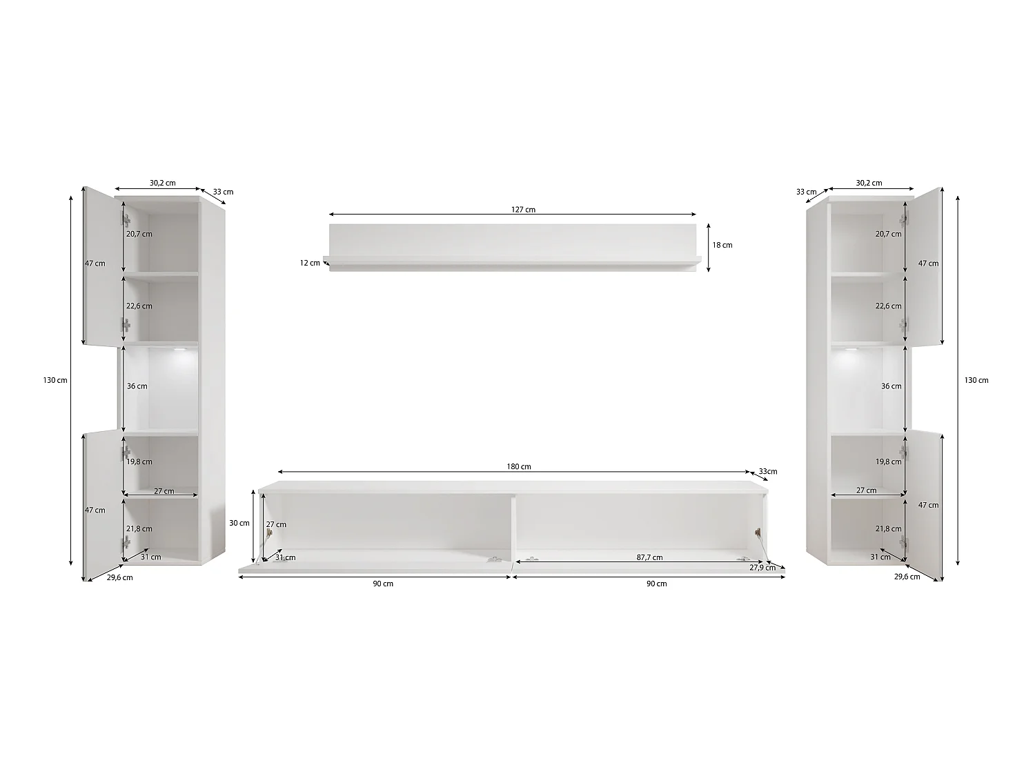 Mueble de salón moderno 4 piezas con LED, 2 columnas, mueble TV 180 cm y estante, cuerpo blanco mate, frentes blanco brillo