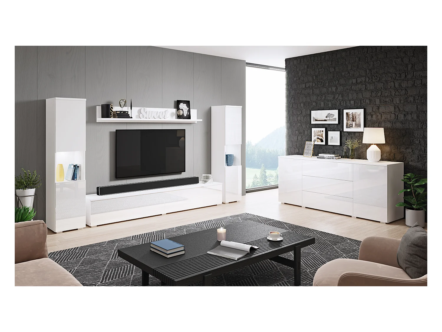 Mueble de salón moderno 4 piezas con LED, 2 columnas, mueble TV 180 cm y estante, cuerpo blanco mate, frentes blanco brillo