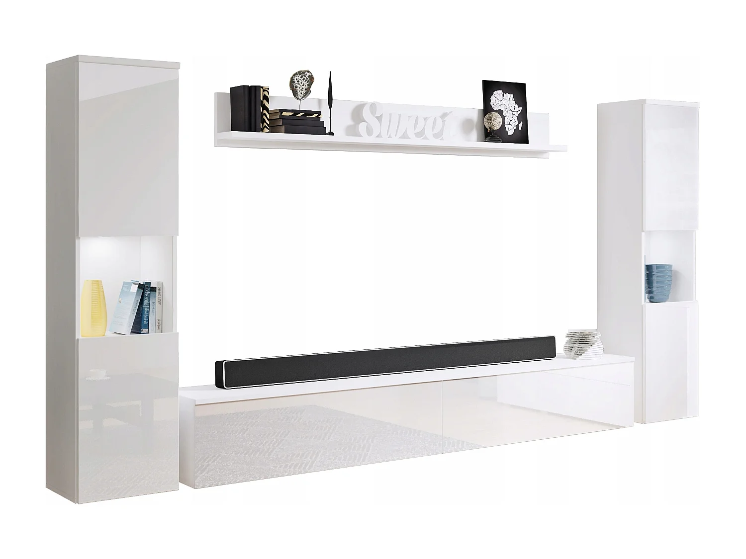 Mural de salon moderne 4 éléments avec LED, 2 colonnes, meuble TV 180 cm et étagère, corps blanc mat, façades blanc brillant