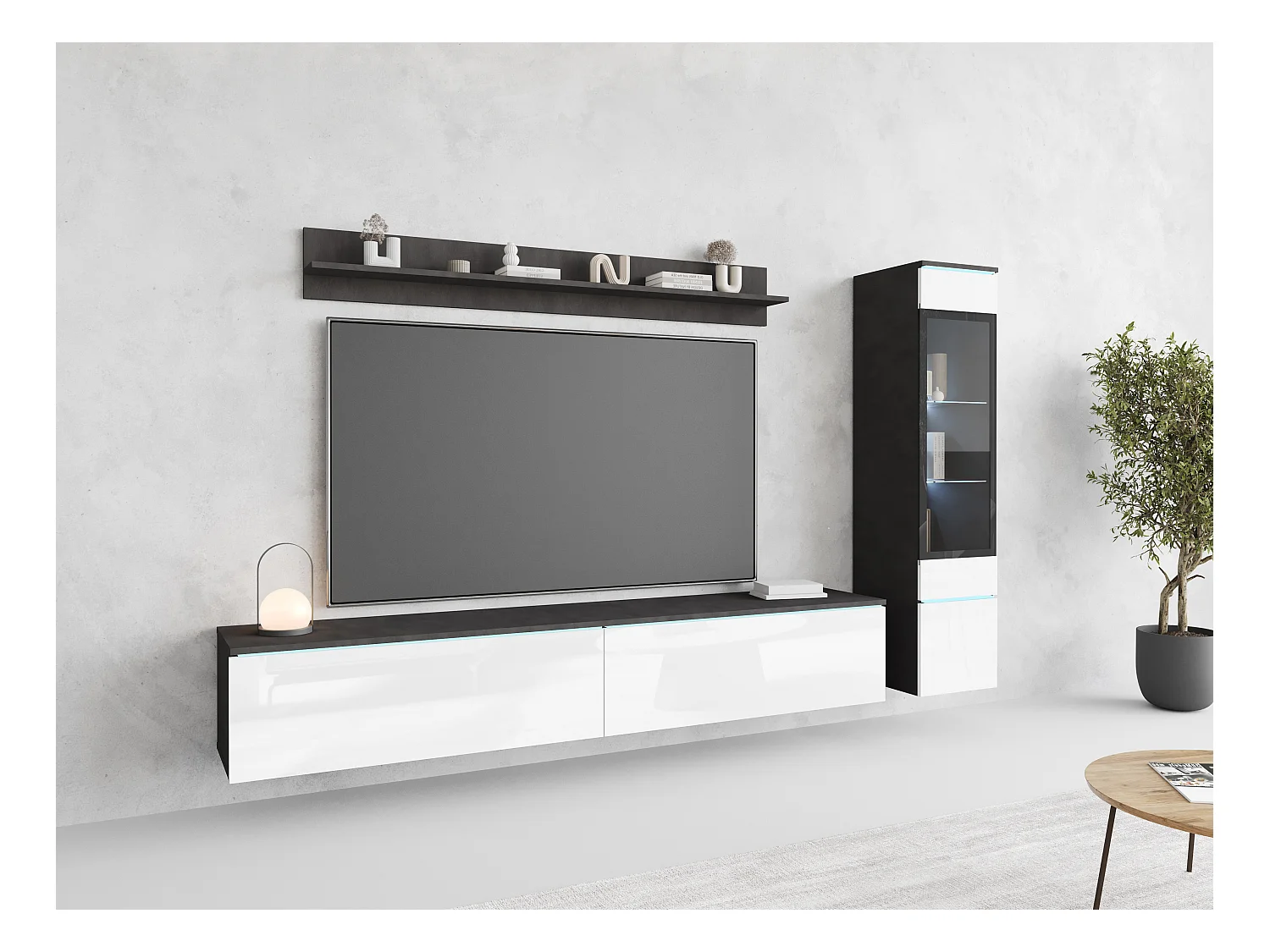 Ensemble de salon 3 éléments avec LED – meuble TV 180 cm, vitrine et étagère, à poser ou suspendu, corps anthracite, façades blanc brillant