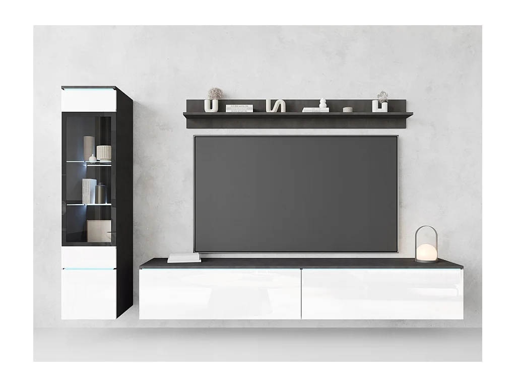 Ensemble de salon 3 éléments avec LED – meuble TV 180 cm, vitrine et étagère, à poser ou suspendu, corps anthracite, façades blanc brillant