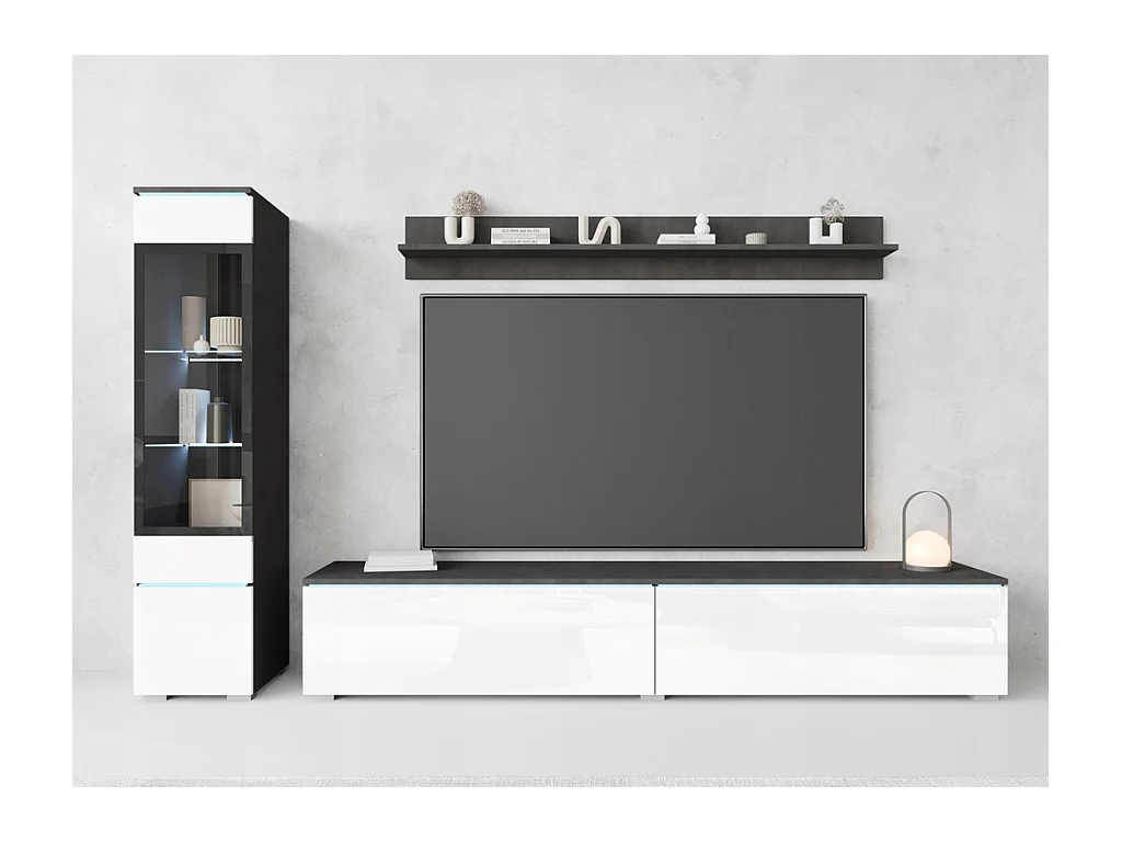 Ensemble de salon 3 éléments avec LED – meuble TV 180 cm, vitrine et étagère, à poser ou suspendu, corps anthracite, façades blanc brillant
