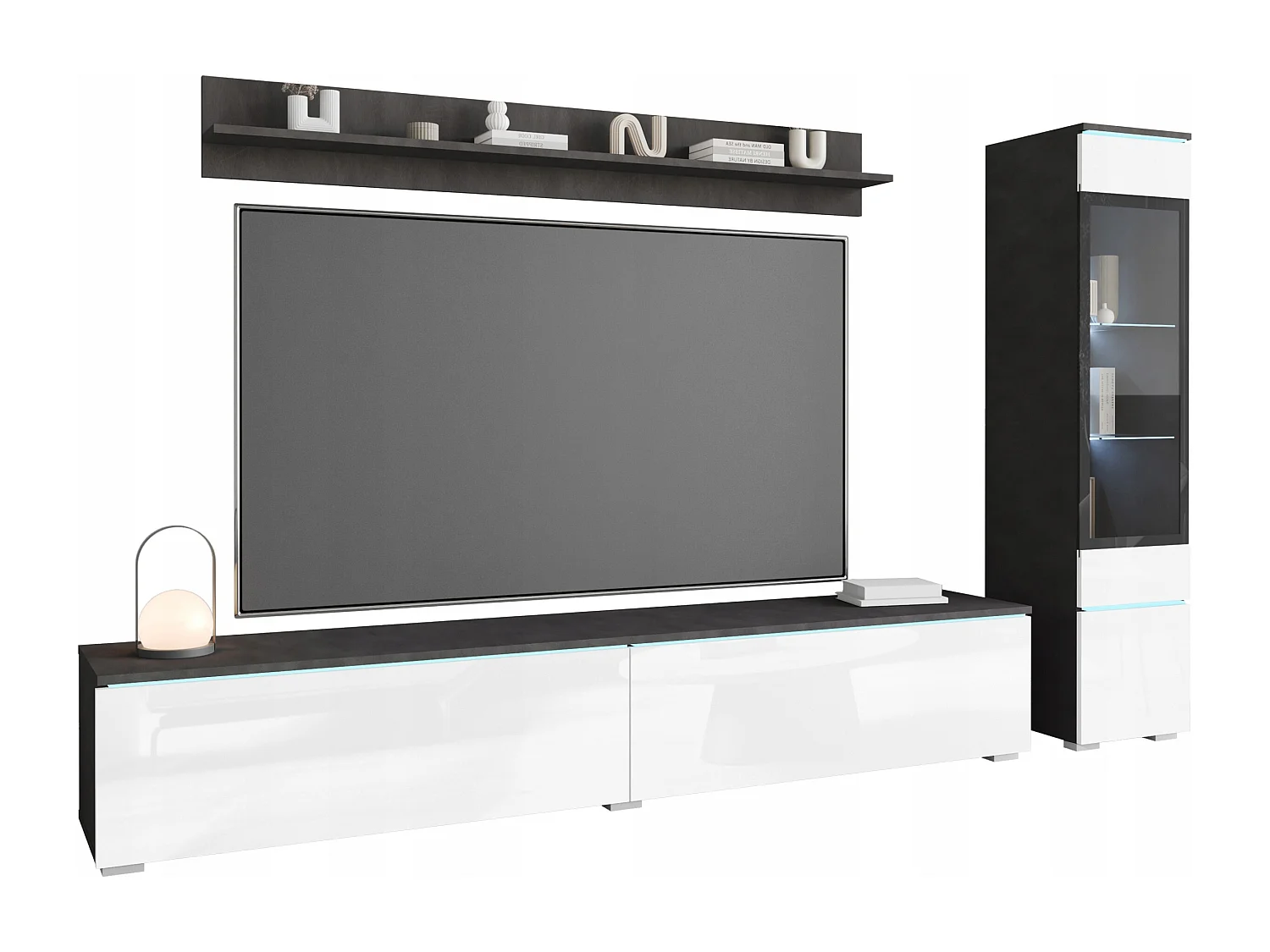 Ensemble de salon 3 éléments avec LED – meuble TV 180 cm, vitrine et étagère, à poser ou suspendu, corps anthracite, façades blanc brillant