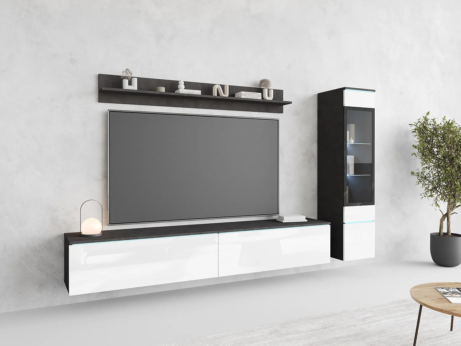Ensemble de salon 3 éléments avec LED – meuble TV 180 cm, vitrine et étagère, à poser ou suspendu, corps anthracite, façades blanc brillant