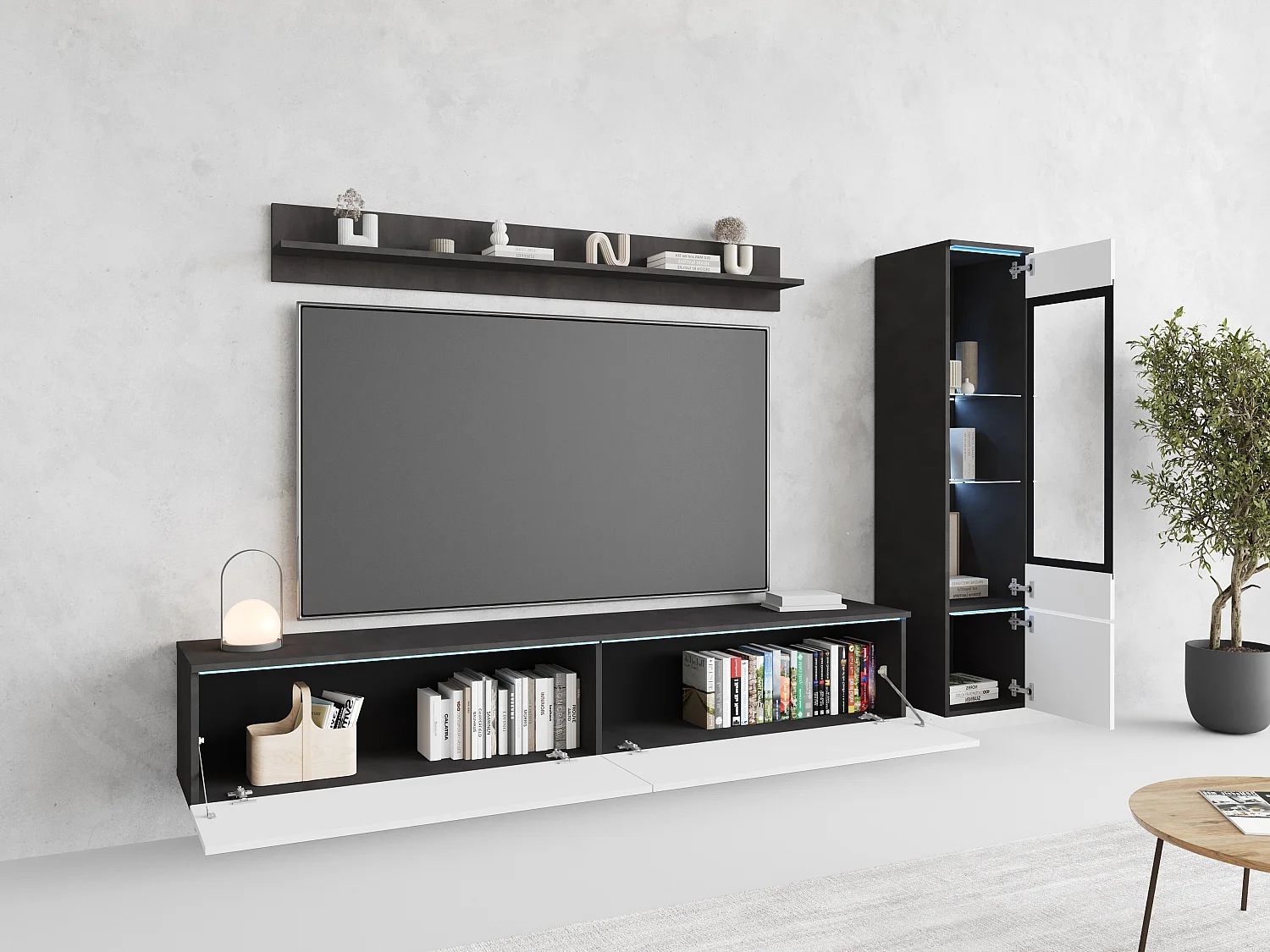 Ensemble de salon 3 éléments avec LED – meuble TV 180 cm, vitrine et étagère, à poser ou suspendu, corps anthracite, façades blanc brillant
