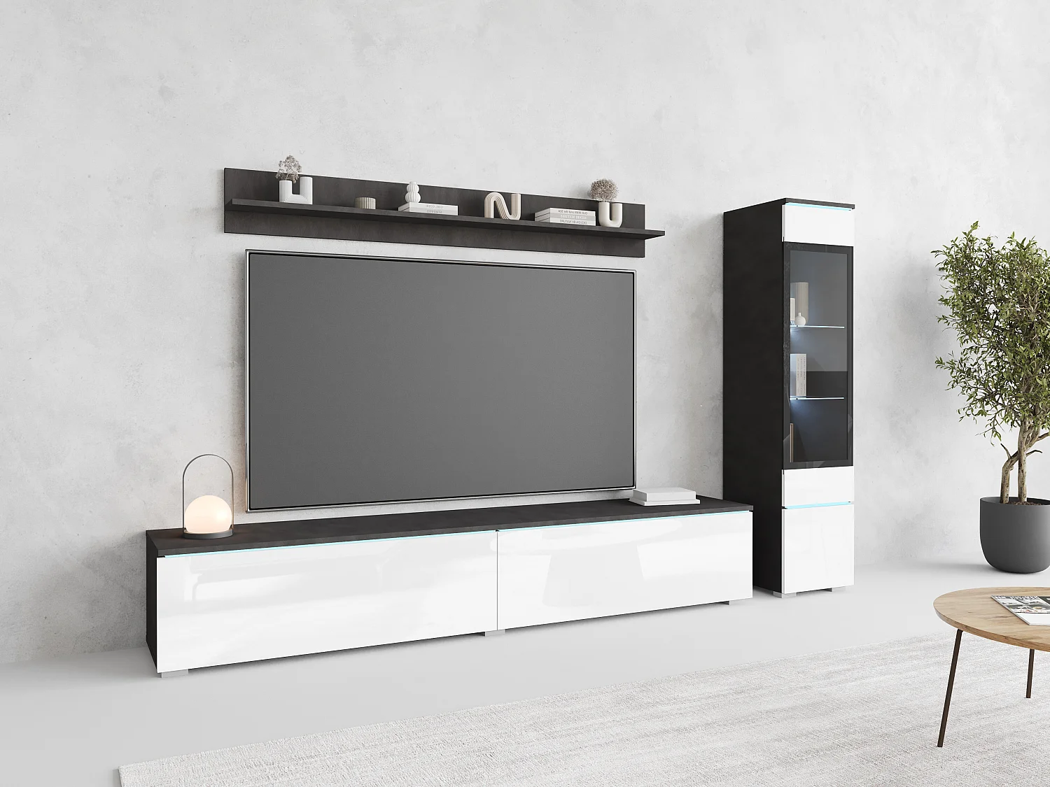 Ensemble de salon 3 éléments avec LED – meuble TV 180 cm, vitrine et étagère, à poser ou suspendu, corps anthracite, façades blanc brillant