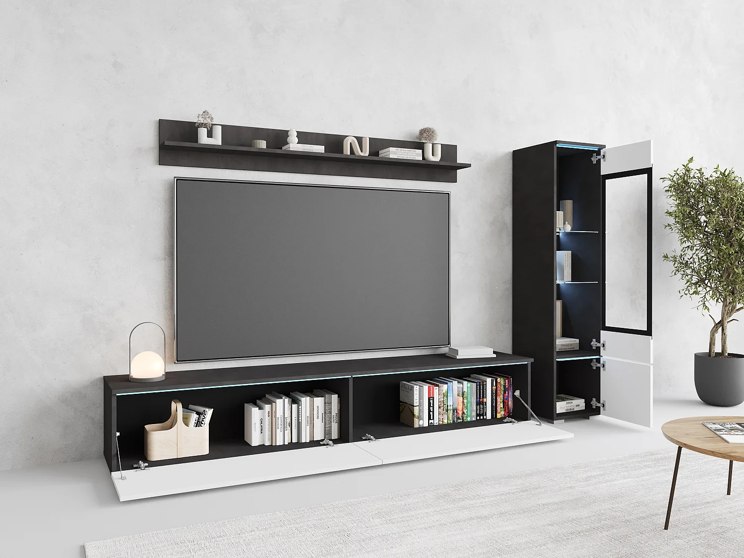 Ensemble de salon 3 éléments avec LED – meuble TV 180 cm, vitrine et étagère, à poser ou suspendu, corps anthracite, façades blanc brillant