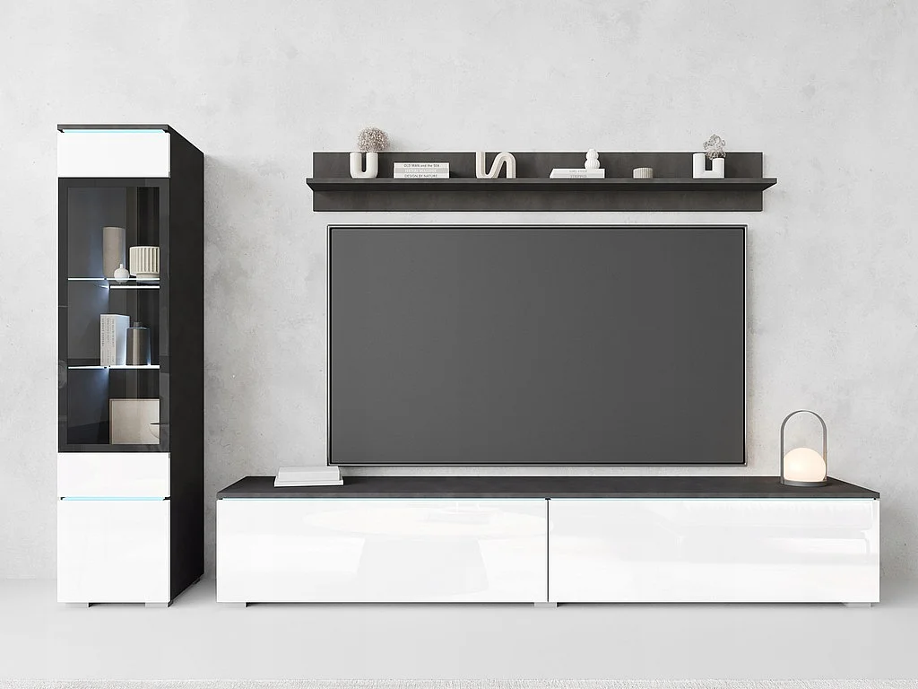 Ensemble de salon 3 éléments avec LED – meuble TV 180 cm, vitrine et étagère, à poser ou suspendu, corps anthracite, façades blanc brillant