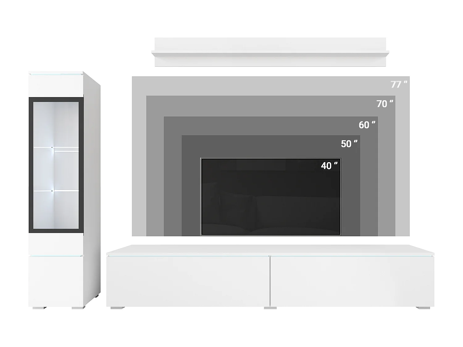 Ensemble de salon 3 éléments avec LED – meuble TV 180 cm, vitrine et étagère, à poser ou suspendu, corps anthracite, façades blanc brillant