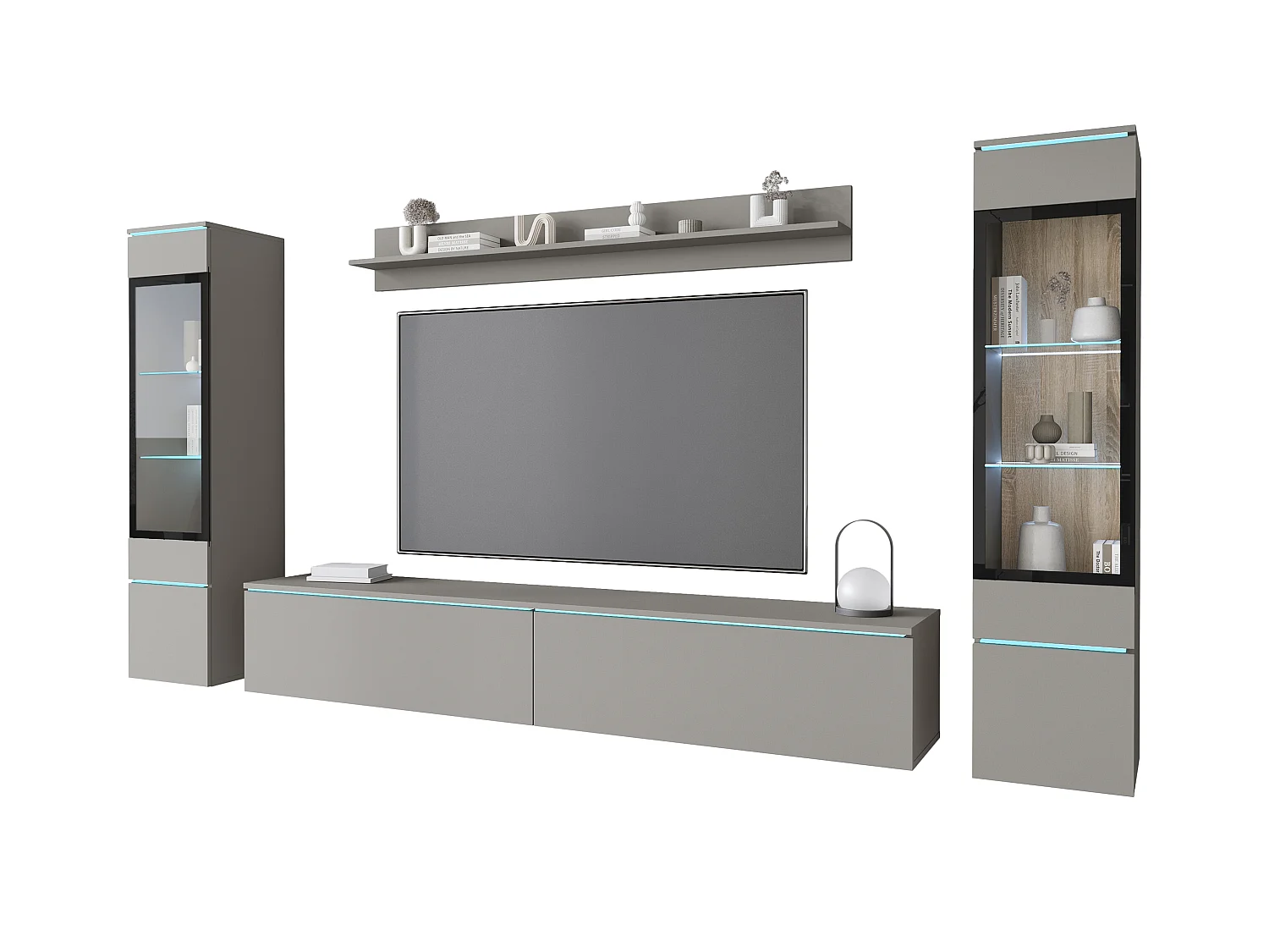 Ensemble de meubles pour salon avec LED 4 éléments – meuble TV 180 cm, 2 vitrines et étagère, composition murale debout ou suspendue, gris Pallad
