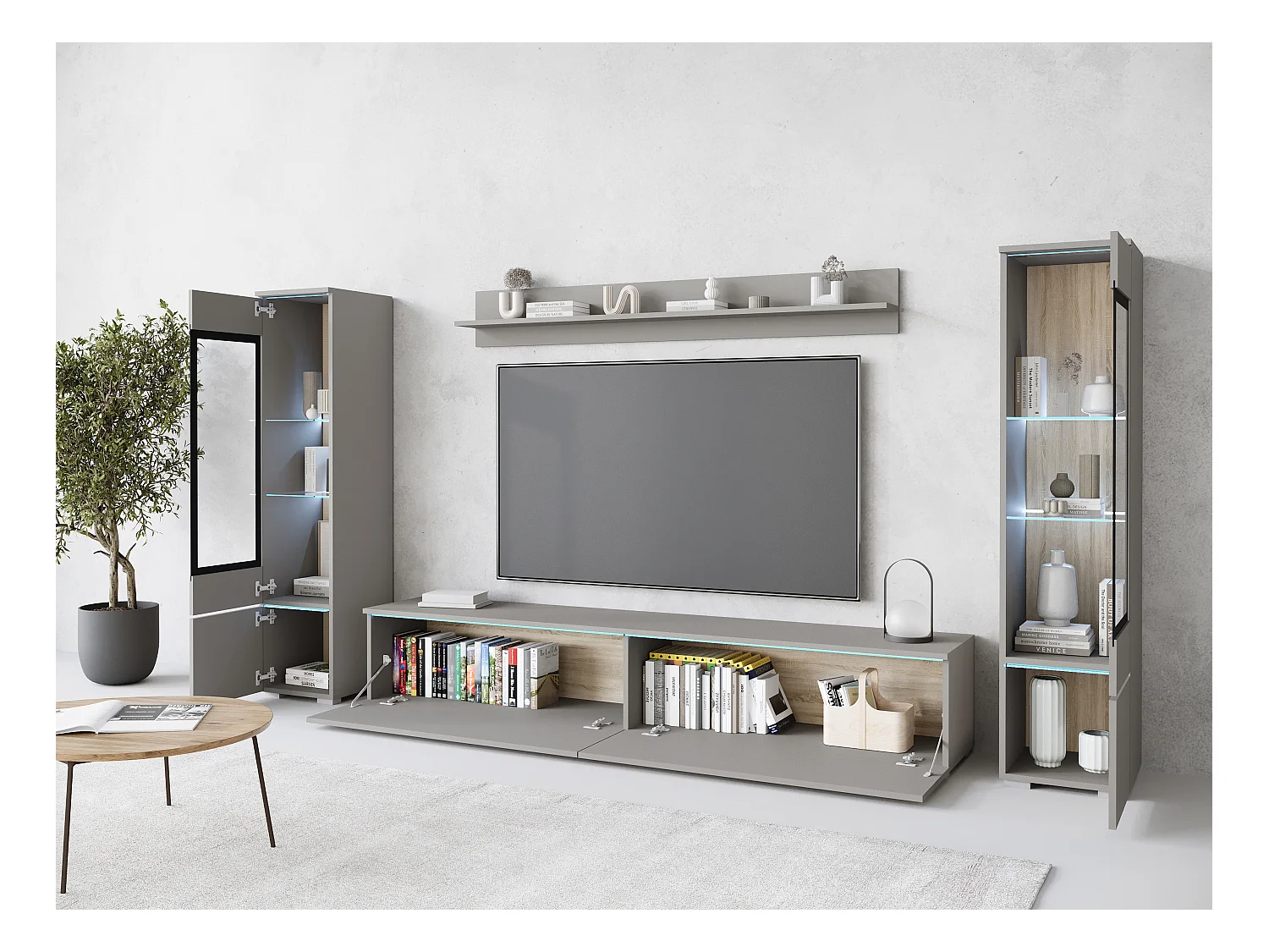 Ensemble de meubles pour salon avec LED 4 éléments – meuble TV 180 cm, 2 vitrines et étagère, composition murale debout ou suspendue, gris Pallad