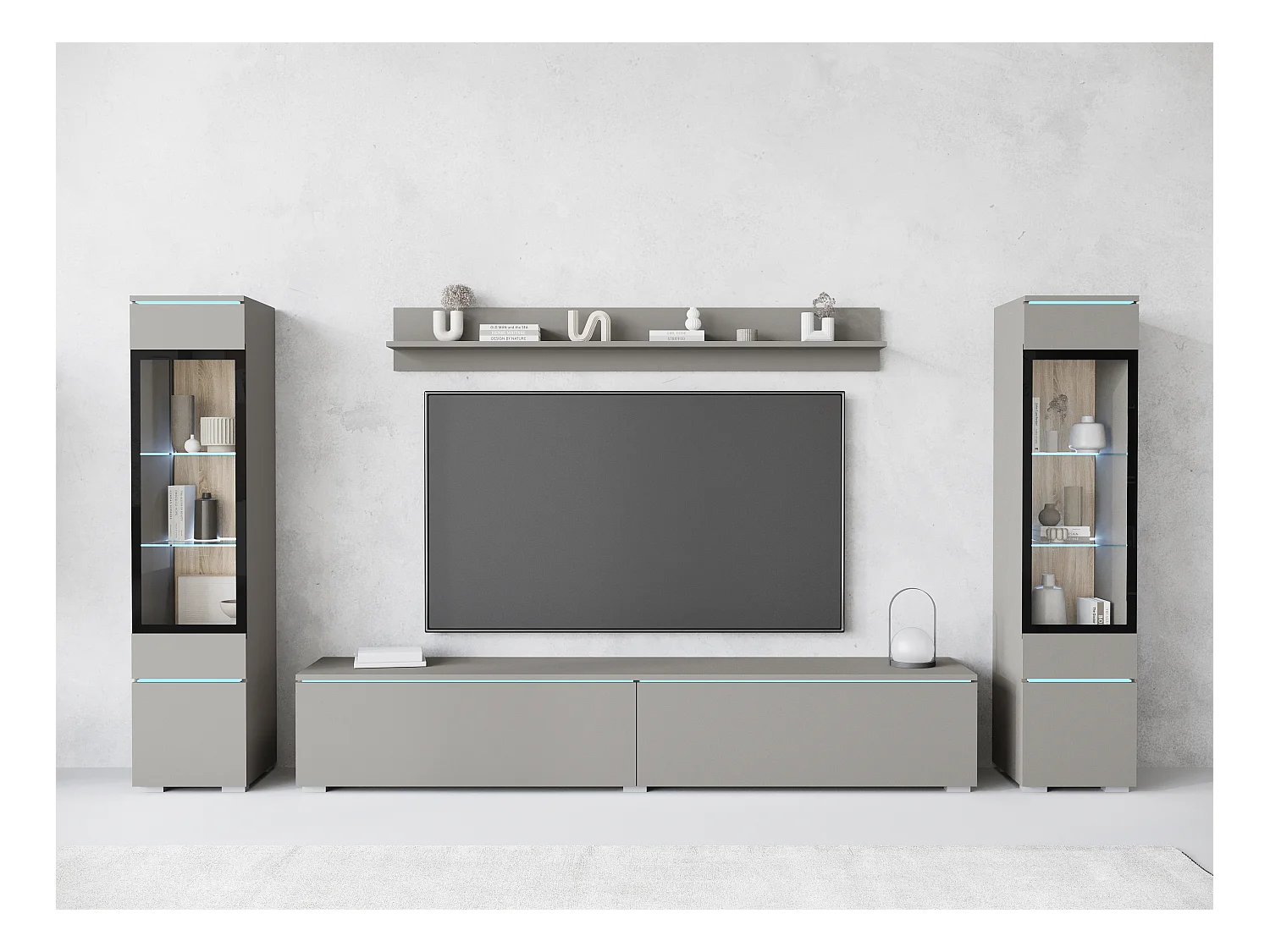 Ensemble de meubles pour salon avec LED 4 éléments – meuble TV 180 cm, 2 vitrines et étagère, composition murale debout ou suspendue, gris Pallad