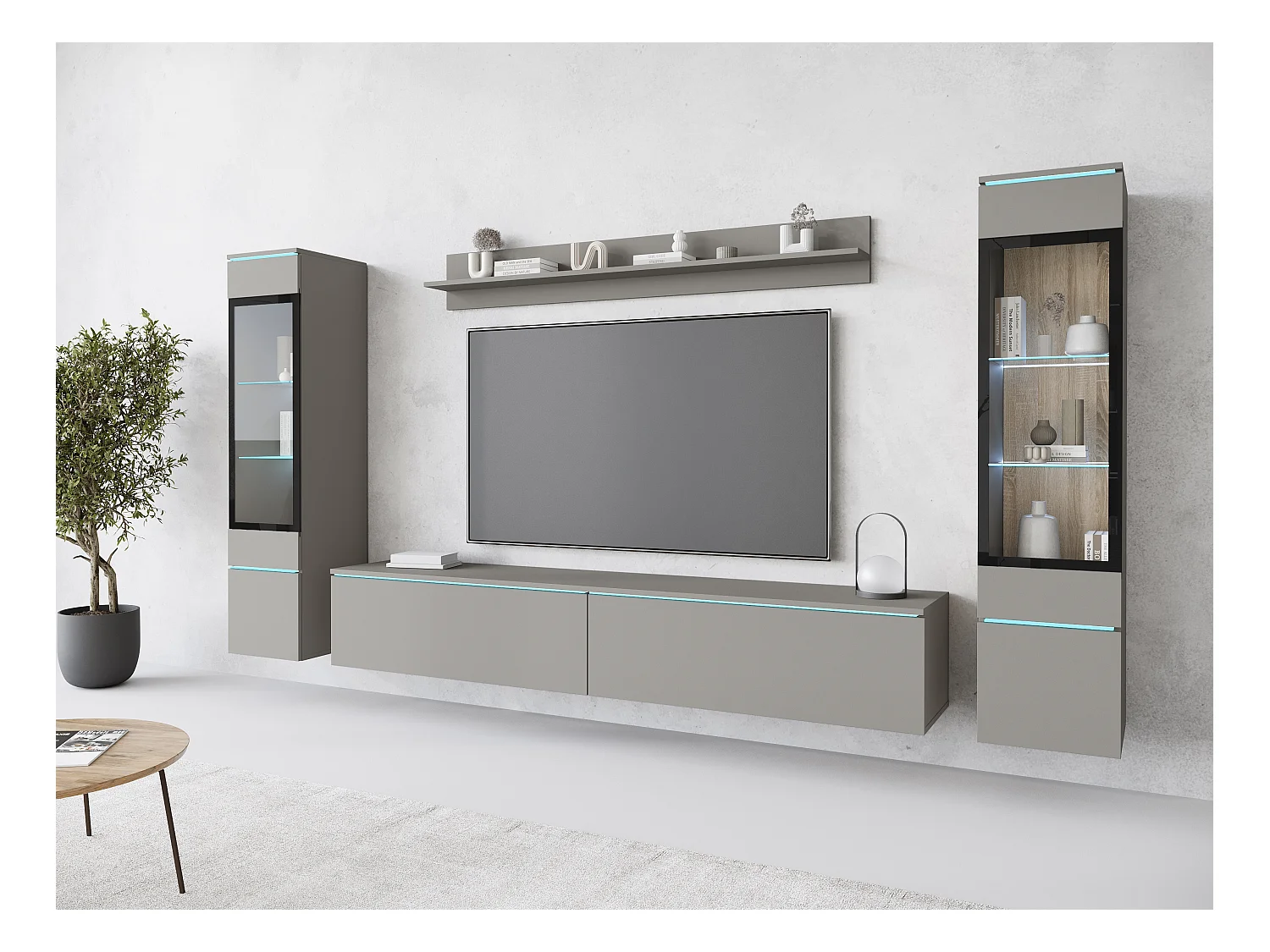 Ensemble de meubles pour salon avec LED 4 éléments – meuble TV 180 cm, 2 vitrines et étagère, composition murale debout ou suspendue, gris Pallad