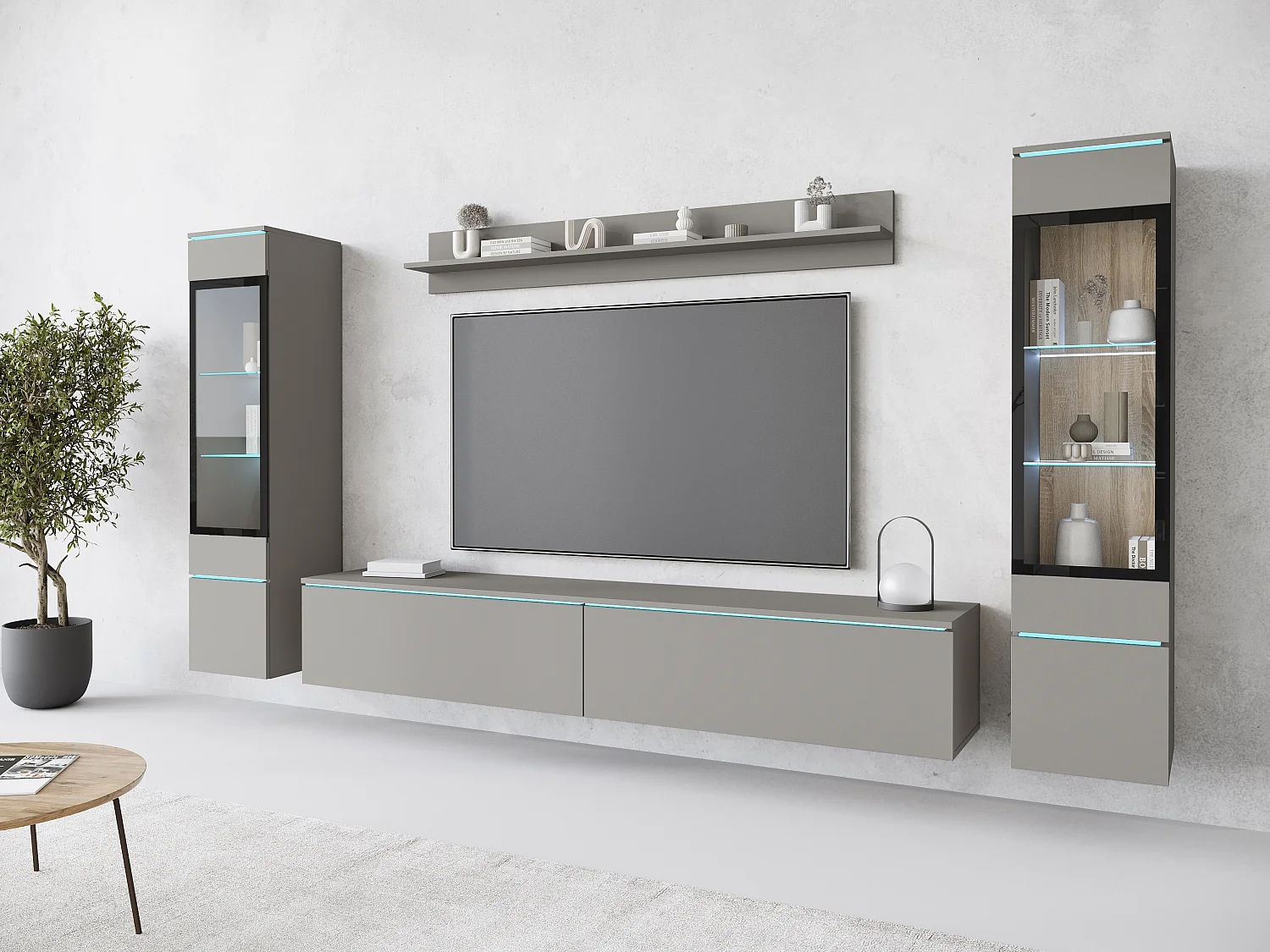 Ensemble de meubles pour salon avec LED 4 éléments – meuble TV 180 cm, 2 vitrines et étagère, composition murale debout ou suspendue, gris Pallad