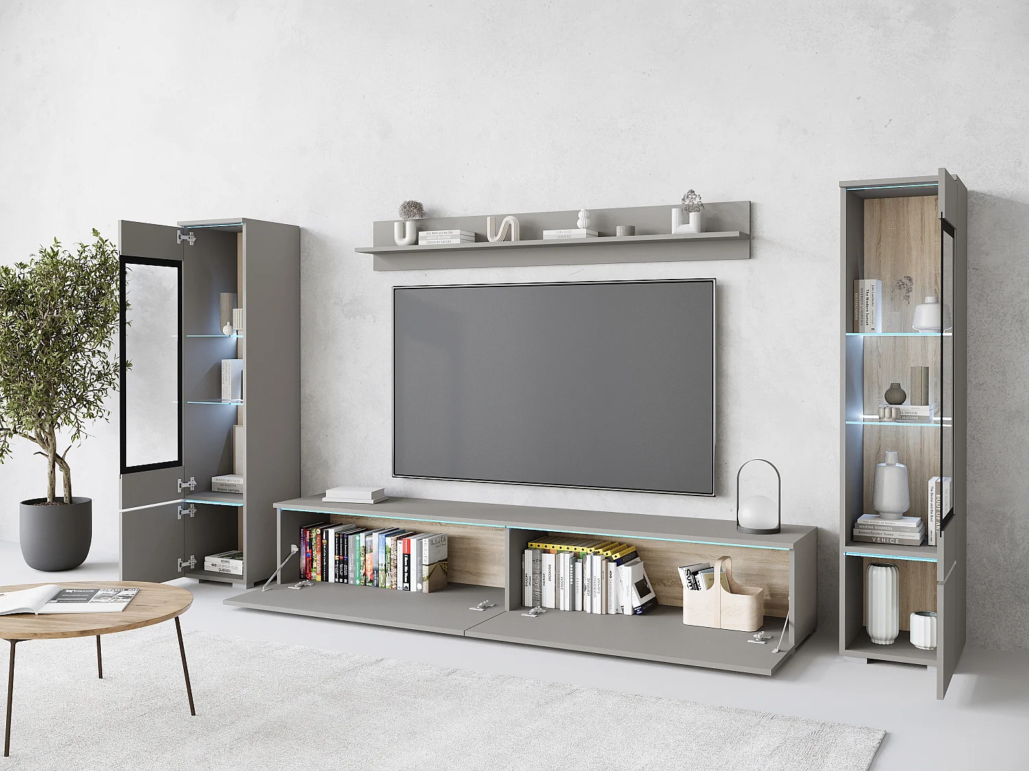 Ensemble de meubles pour salon avec LED 4 éléments – meuble TV 180 cm, 2 vitrines et étagère, composition murale debout ou suspendue, gris Pallad