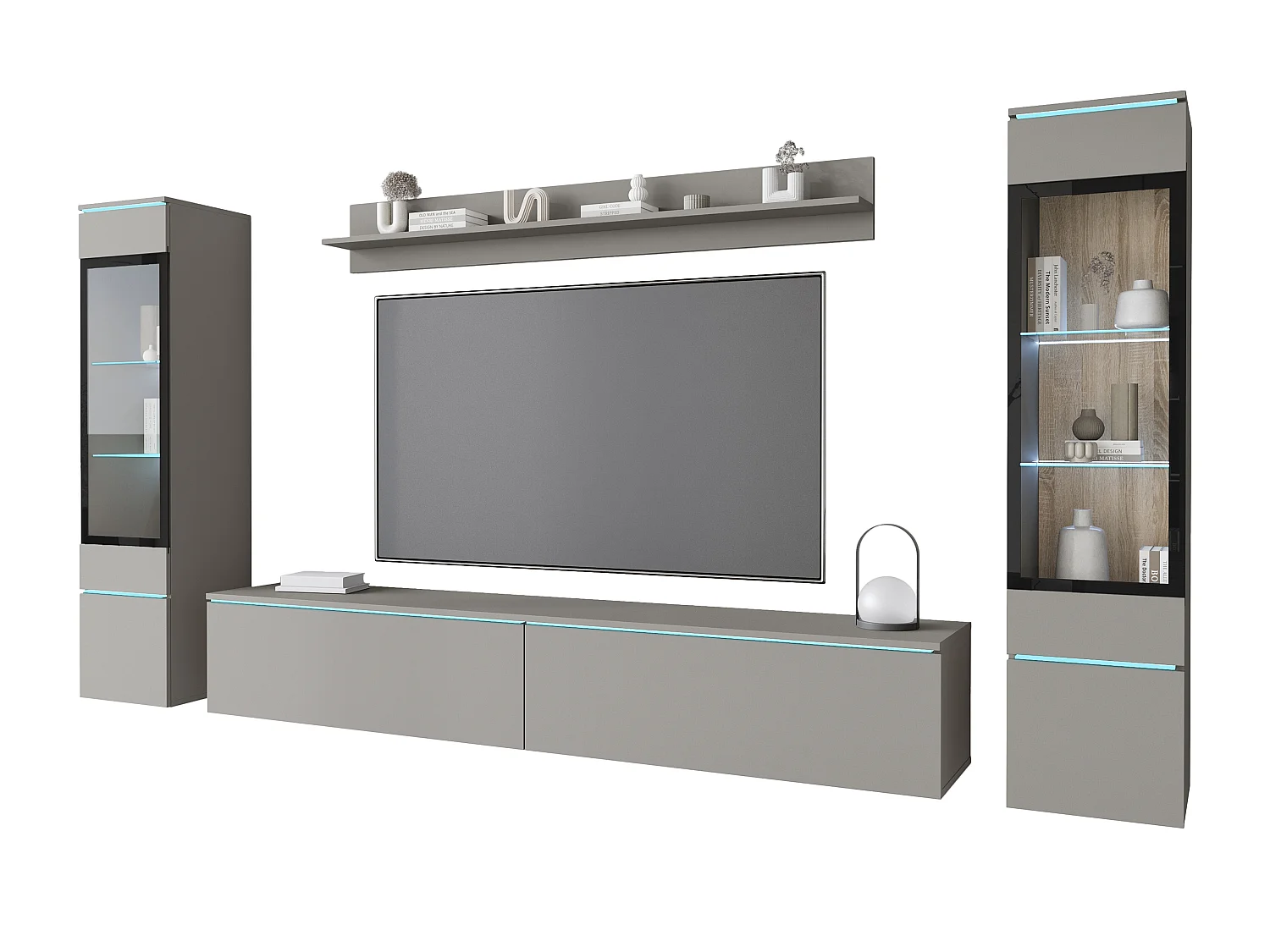 Ensemble de meubles pour salon avec LED 4 éléments – meuble TV 180 cm, 2 vitrines et étagère, composition murale debout ou suspendue, gris Pallad