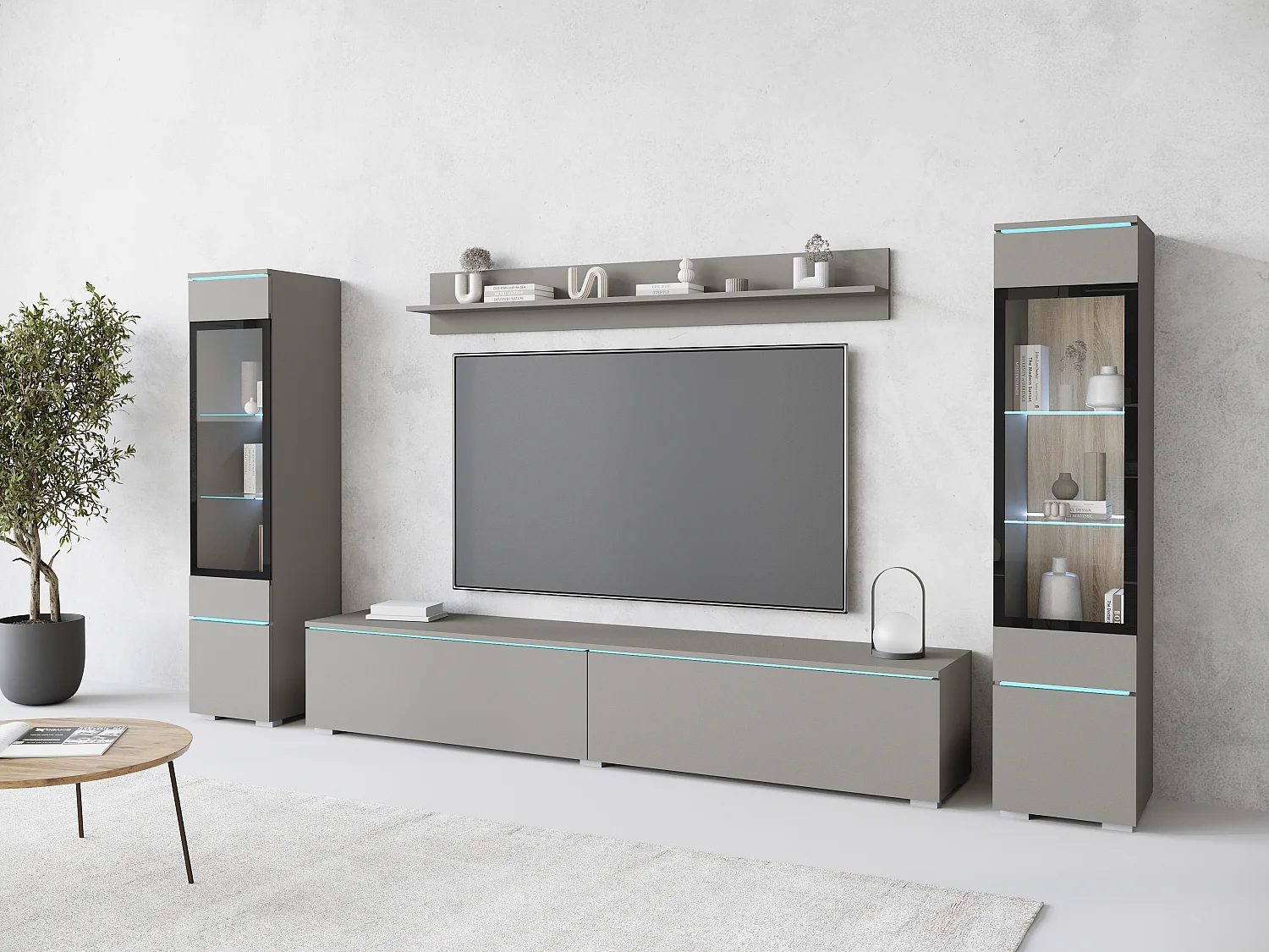 Ensemble de meubles pour salon avec LED 4 éléments – meuble TV 180 cm, 2 vitrines et étagère, composition murale debout ou suspendue, gris Pallad