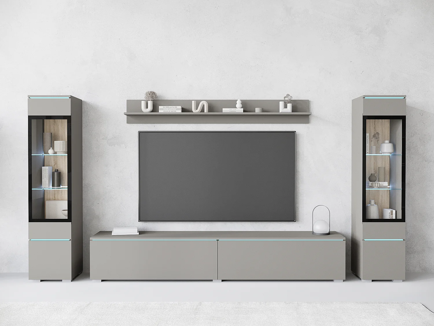Ensemble de meubles pour salon avec LED 4 éléments – meuble TV 180 cm, 2 vitrines et étagère, composition murale debout ou suspendue, gris Pallad