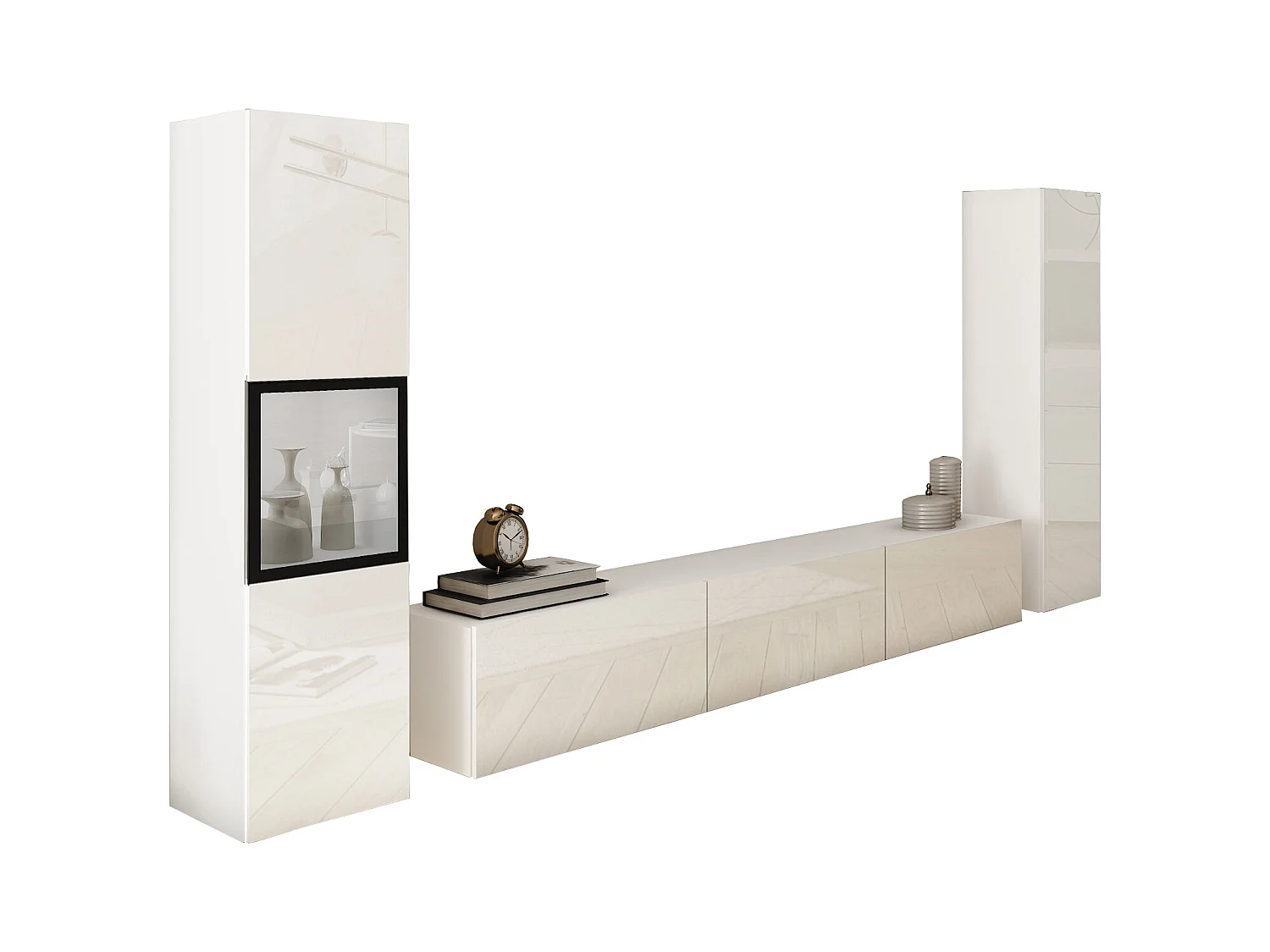 Mural de salon moderne avec éclairage LED, ensemble suspendu et posé 3 éléments avec meuble TV 180 cm, vitrine et colonne, corps blanc mat, façades blanc brillant