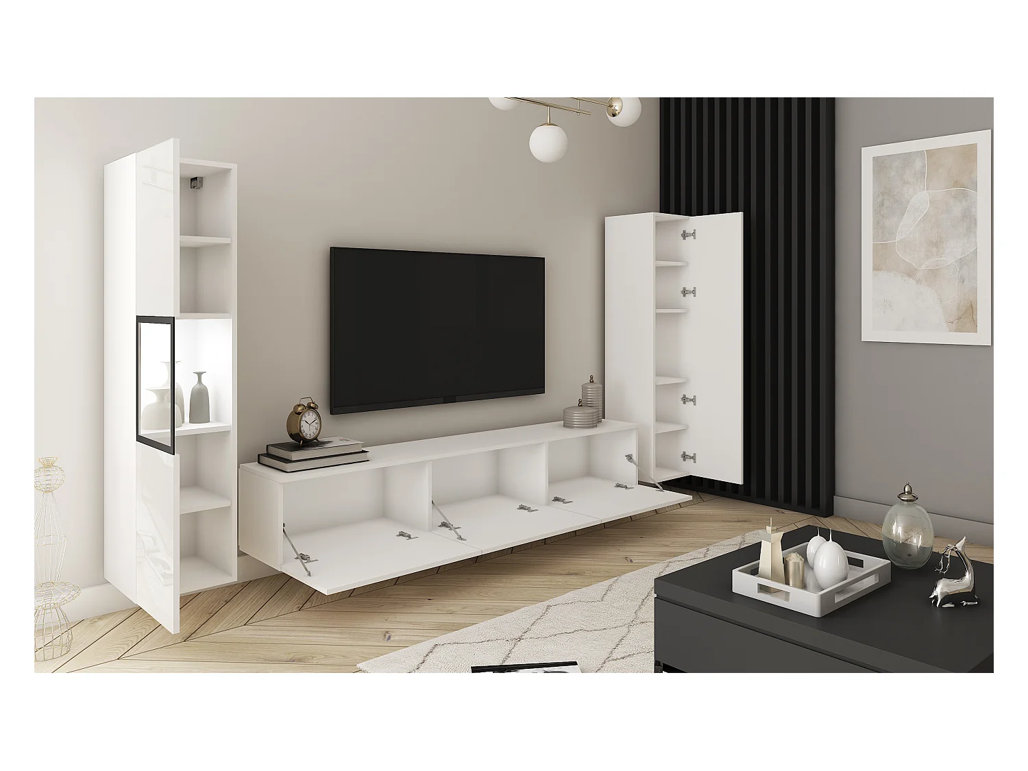 Mural de salon moderne avec éclairage LED, ensemble suspendu et posé 3 éléments avec meuble TV 180 cm, vitrine et colonne, corps blanc mat, façades blanc brillant