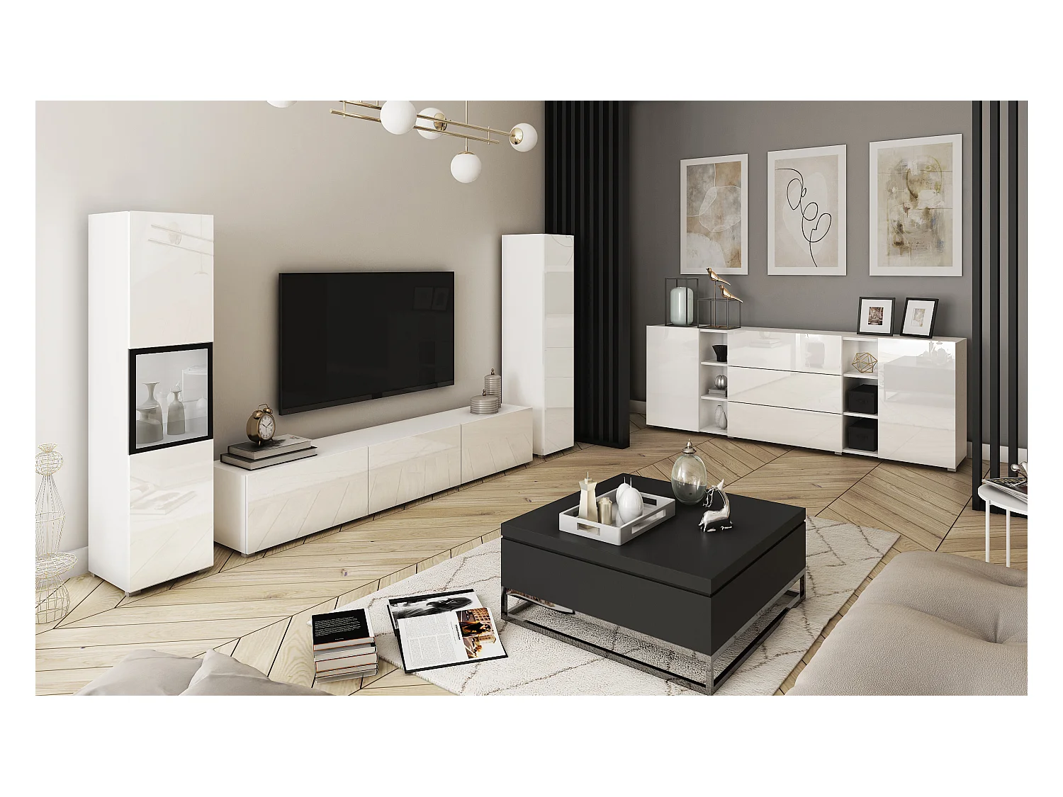 Mural de salon moderne avec éclairage LED, ensemble suspendu et posé 3 éléments avec meuble TV 180 cm, vitrine et colonne, corps blanc mat, façades blanc brillant