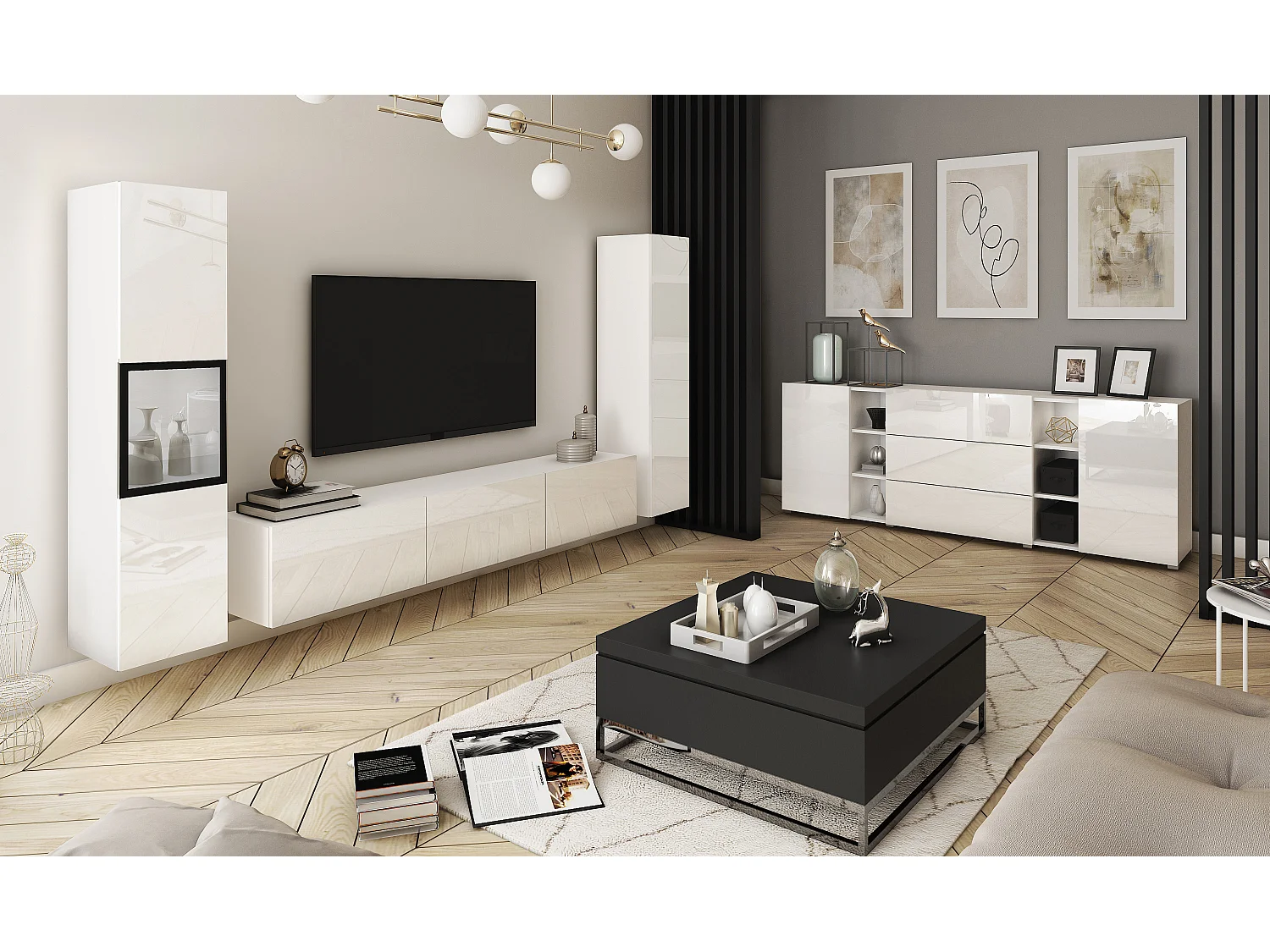 Mural de salon moderne avec éclairage LED, ensemble suspendu et posé 3 éléments avec meuble TV 180 cm, vitrine et colonne, corps blanc mat, façades blanc brillant