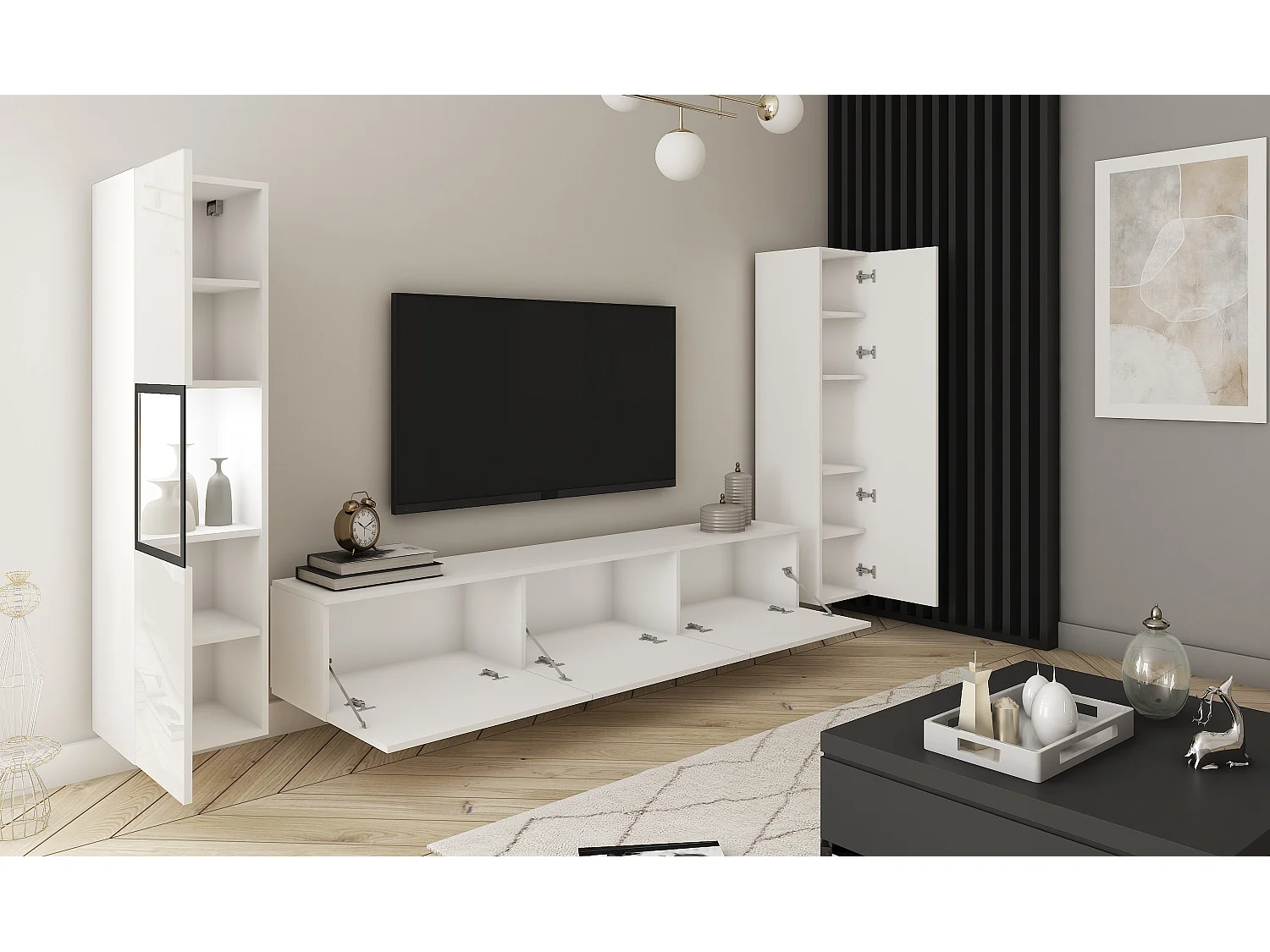 Mural de salon moderne avec éclairage LED, ensemble suspendu et posé 3 éléments avec meuble TV 180 cm, vitrine et colonne, corps blanc mat, façades blanc brillant