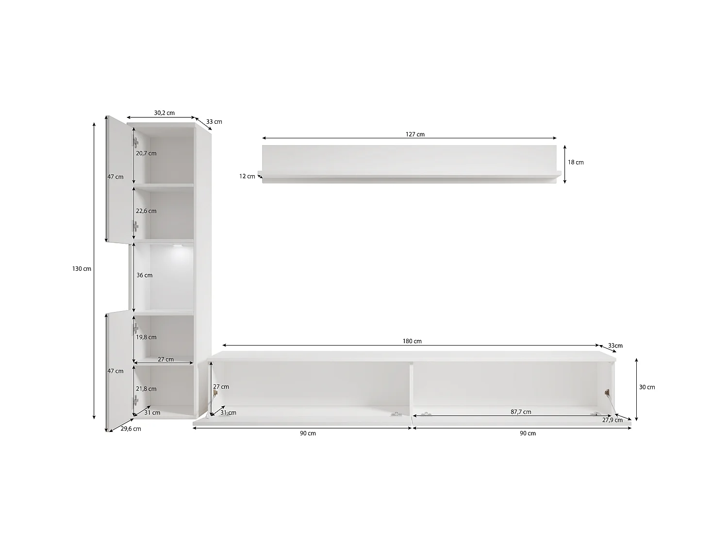 Mural de salon moderne 3 éléments avec LED, façades brillantes, colonne et meuble TV 180 cm corps chêne wotan, façades blanc brillant
